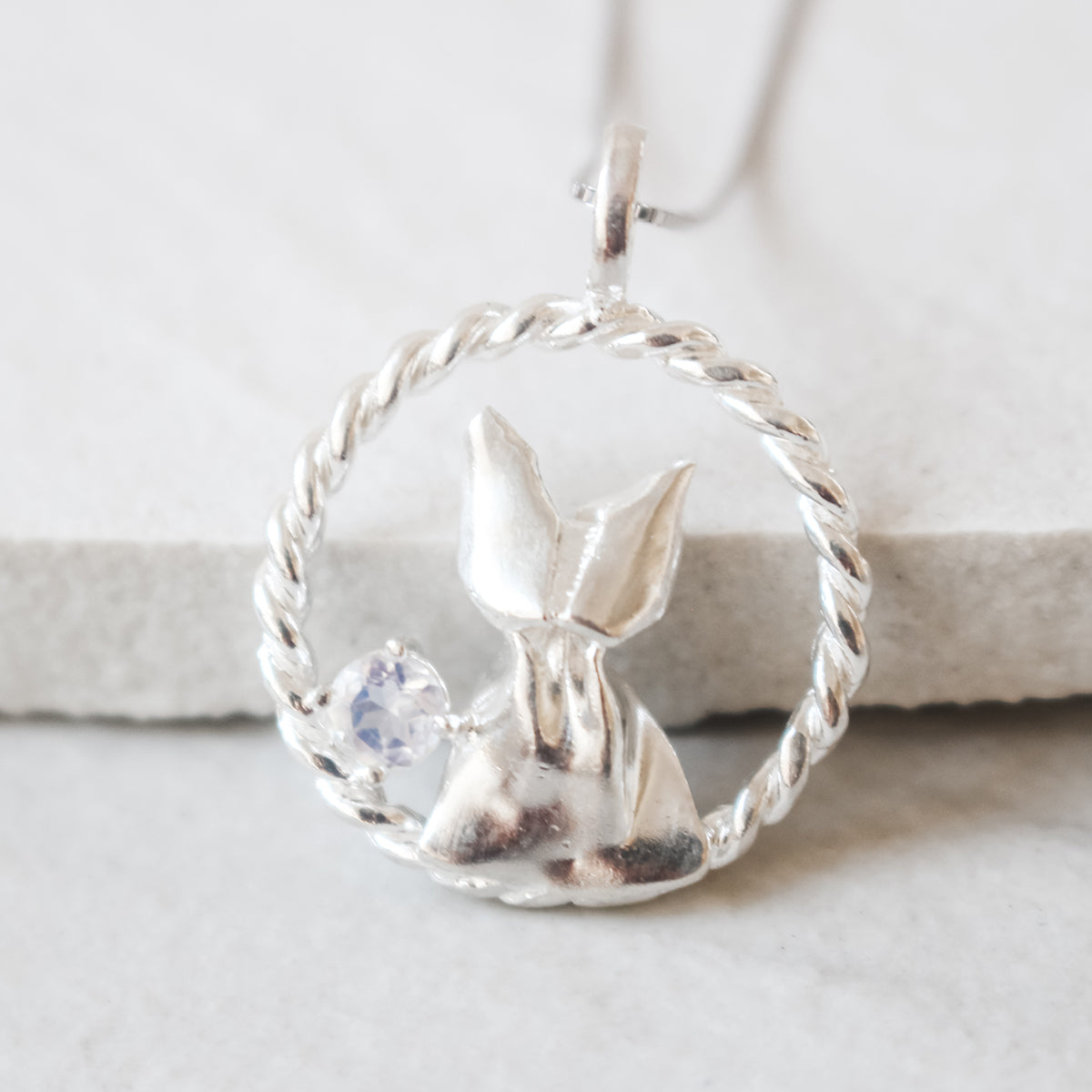 925 Silver Origami Cat and Moonstone Necklace