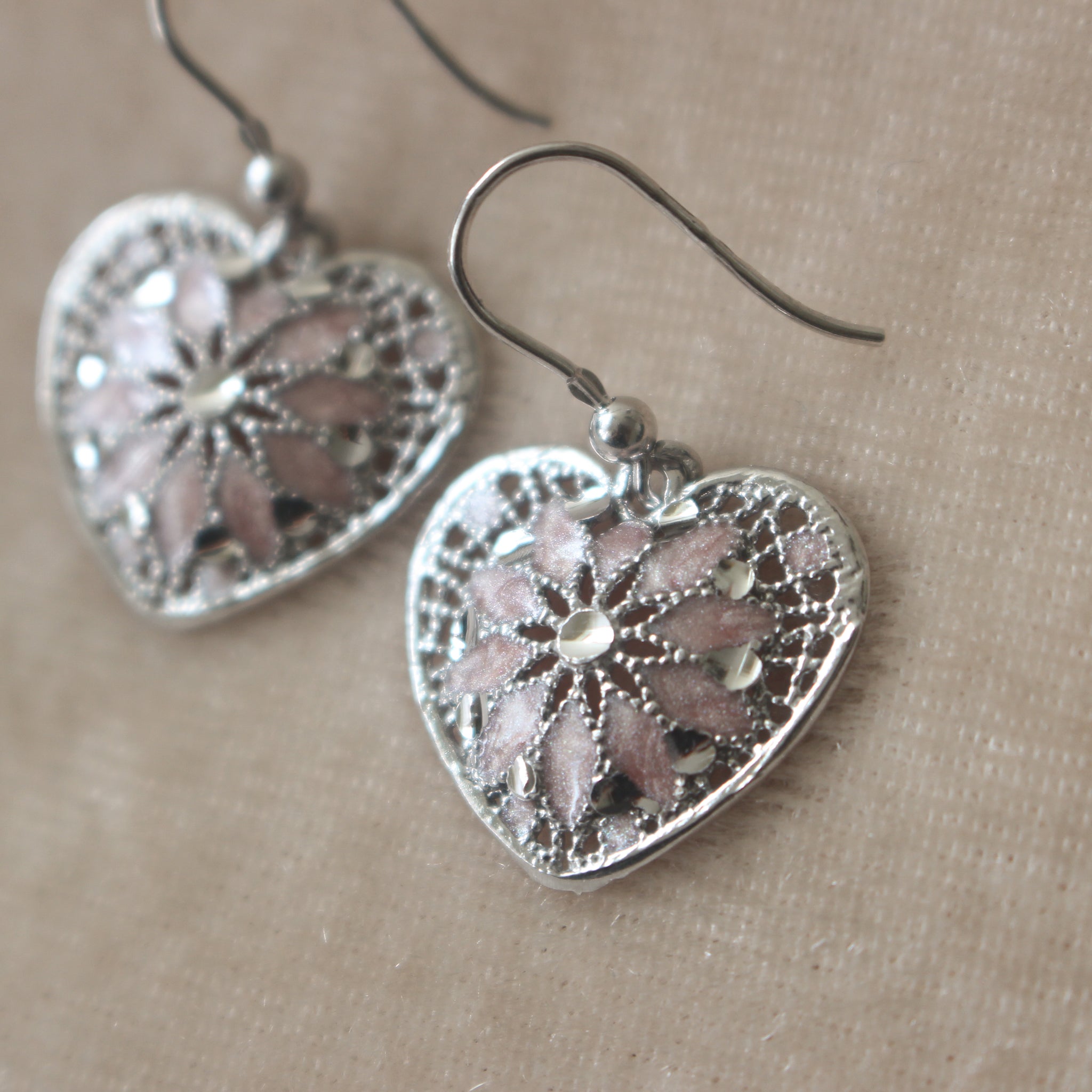 925 Italian Silver Pink Enamel Filigree Heart Earrings