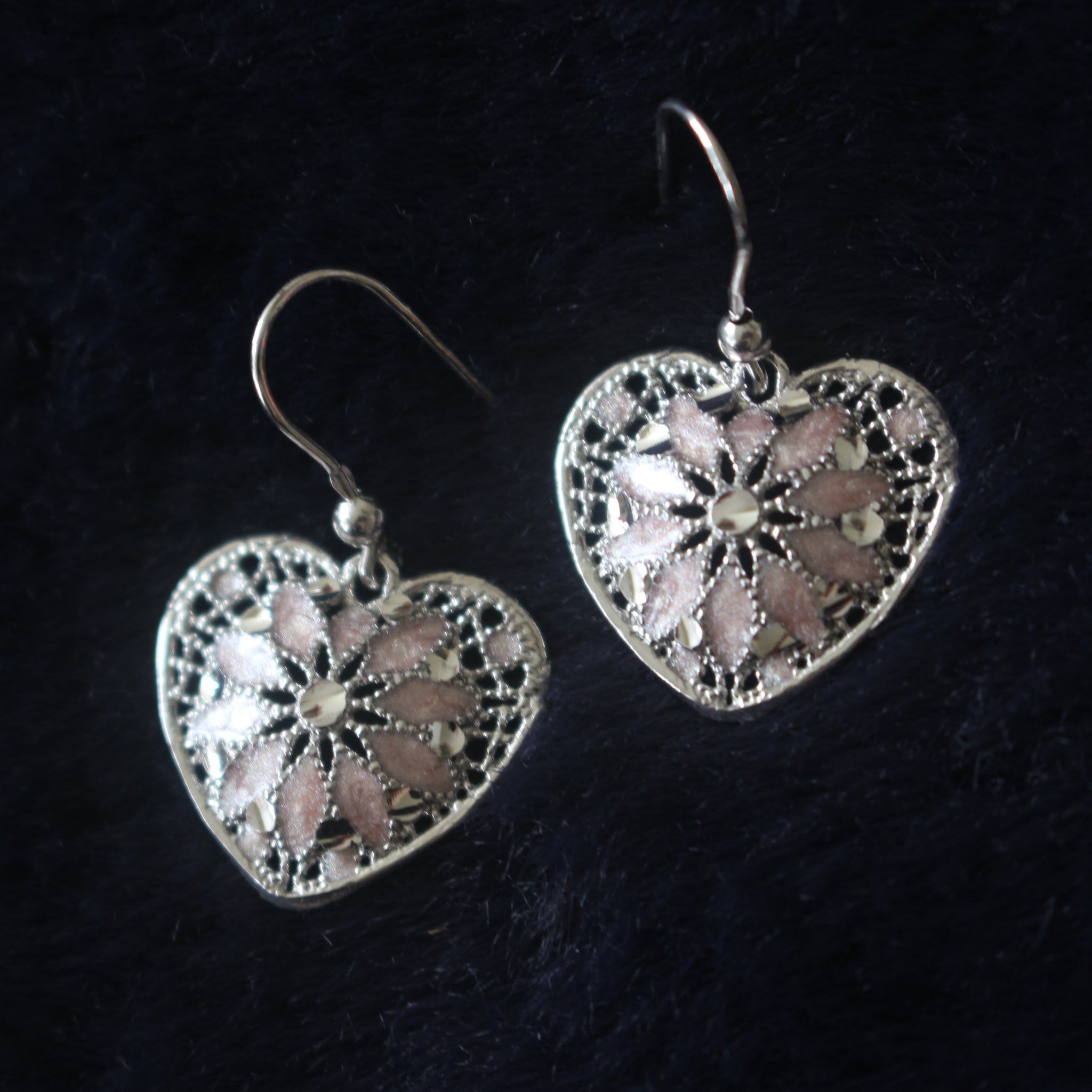 925 Italian Silver Pink Enamel Filigree Heart Earrings