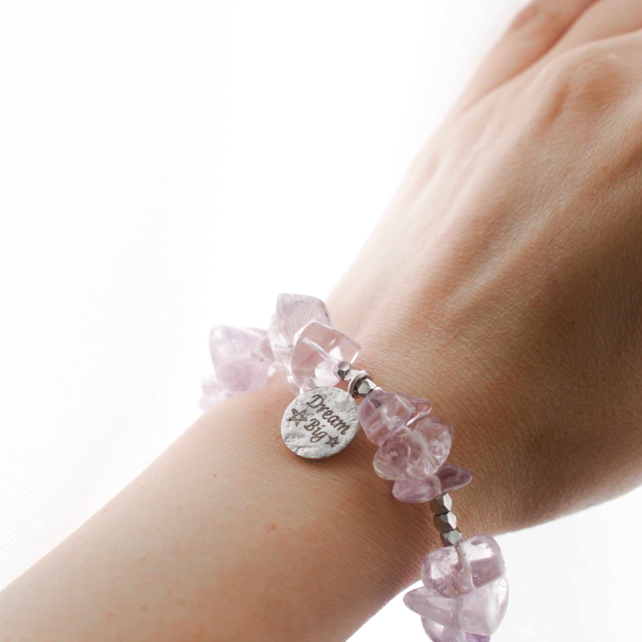 Make A Wish Bracelet - Amethyst with Engraved Silver Charm Elastic Bracelet