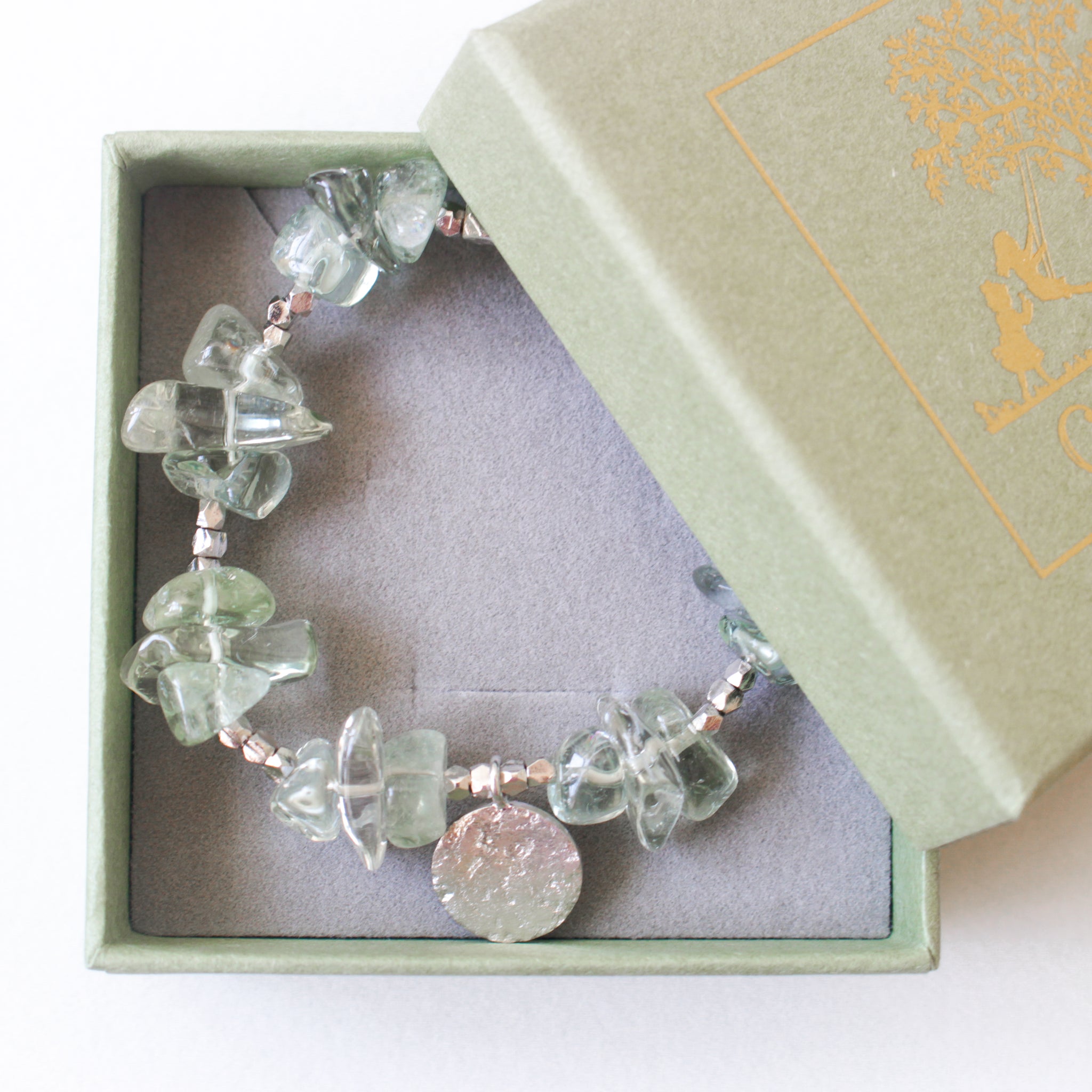 Make A Wish Bracelet - Green Amethyst with Engraved Silver Charm Elastic Bracelet