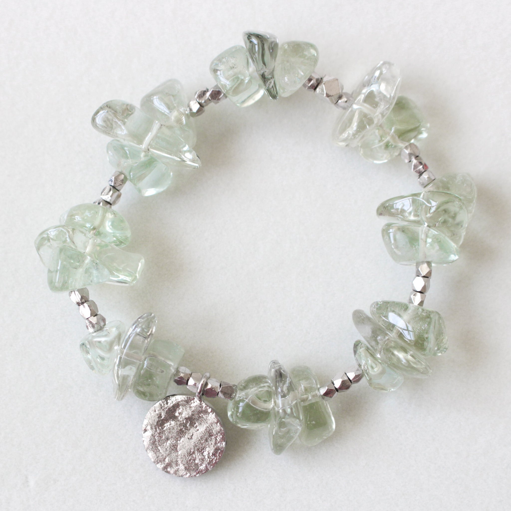 Make A Wish Bracelet - Green Amethyst with Engraved Silver Charm Elastic Bracelet