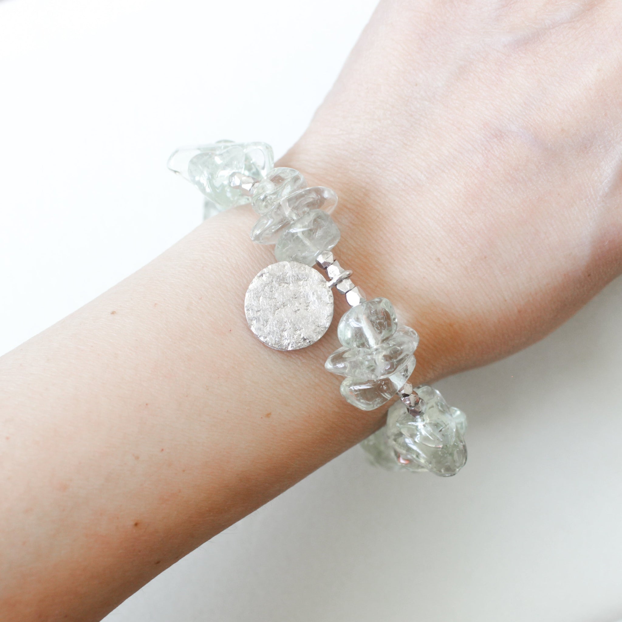Make A Wish Bracelet - Green Amethyst with Engraved Silver Charm Elastic Bracelet