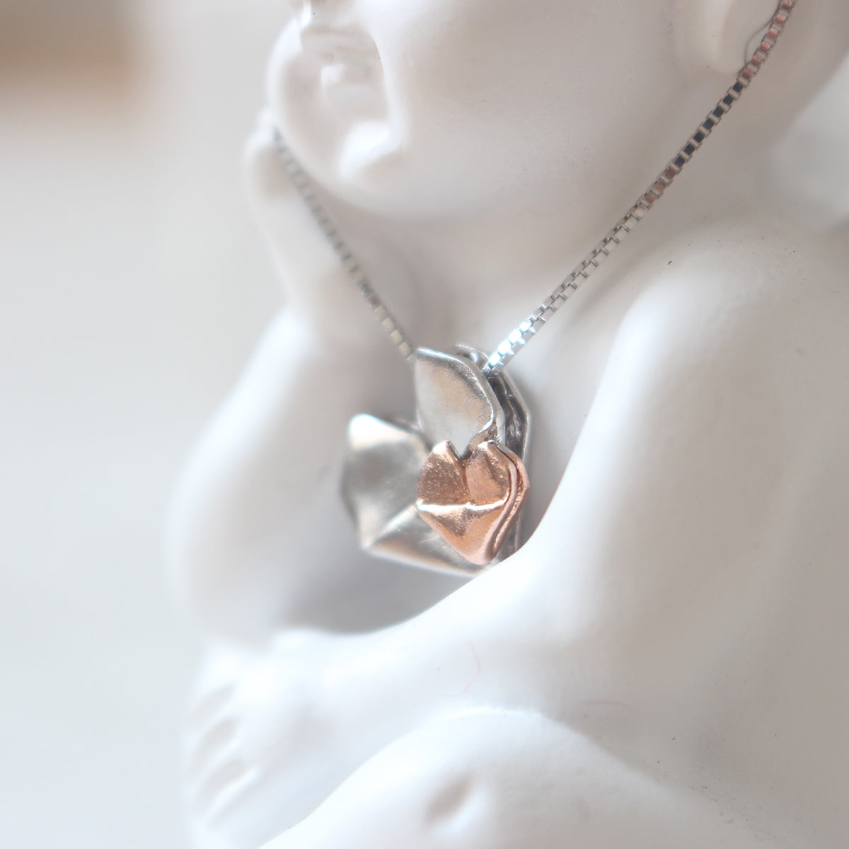 Dual Color Silver Origami Heart Necklace - Mother's Love (Silver and Rose Gold)