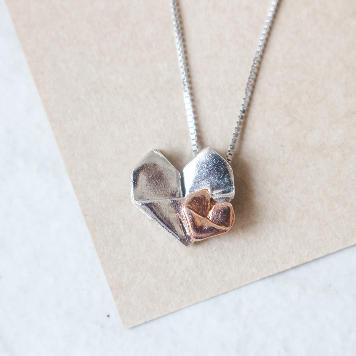 Dual Color Silver Origami Heart Necklace - Mother's Love (Silver and Rose Gold)