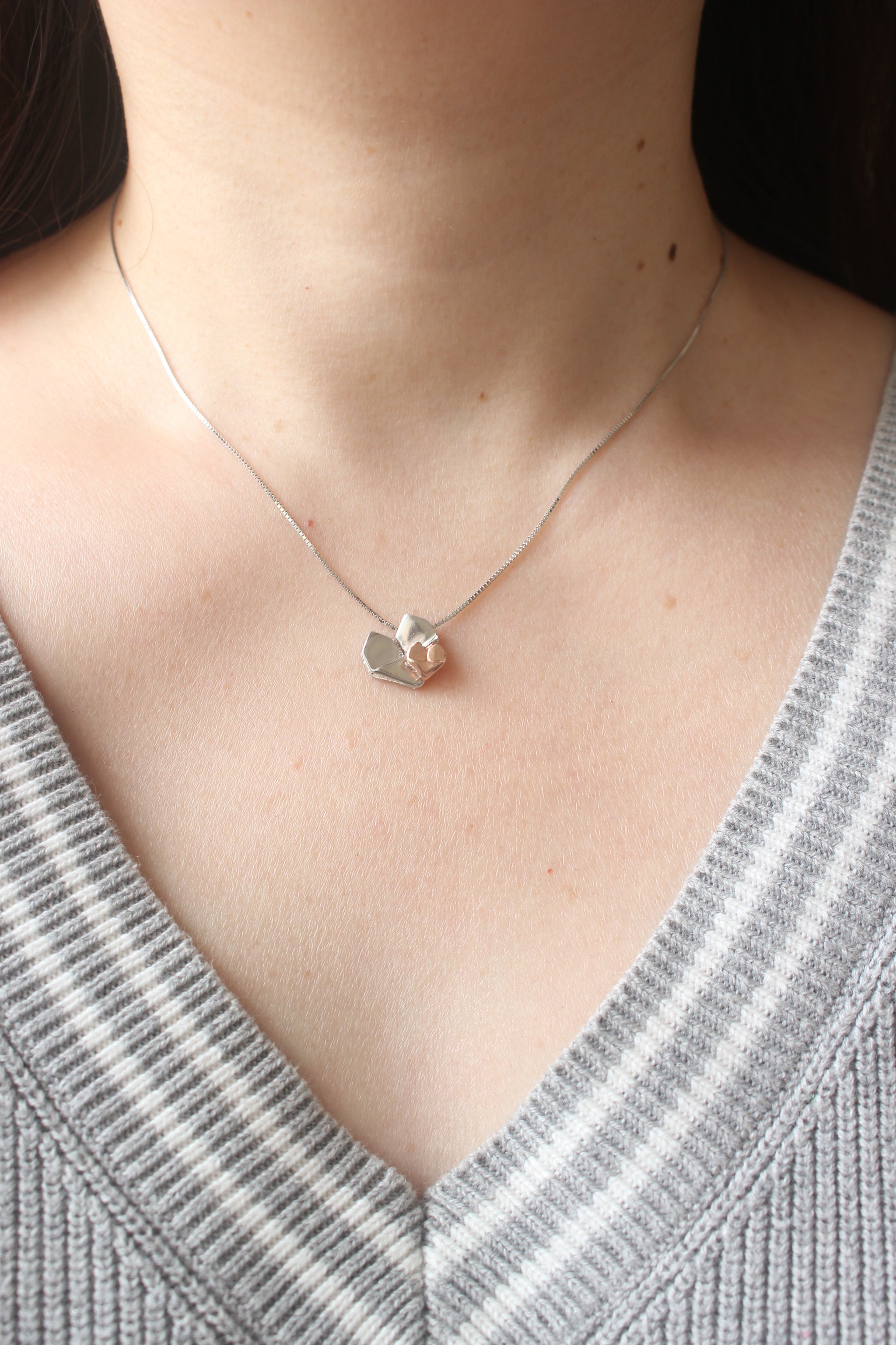 Dual Color Silver Origami Heart Necklace - Mother's Love (Silver and Rose Gold)