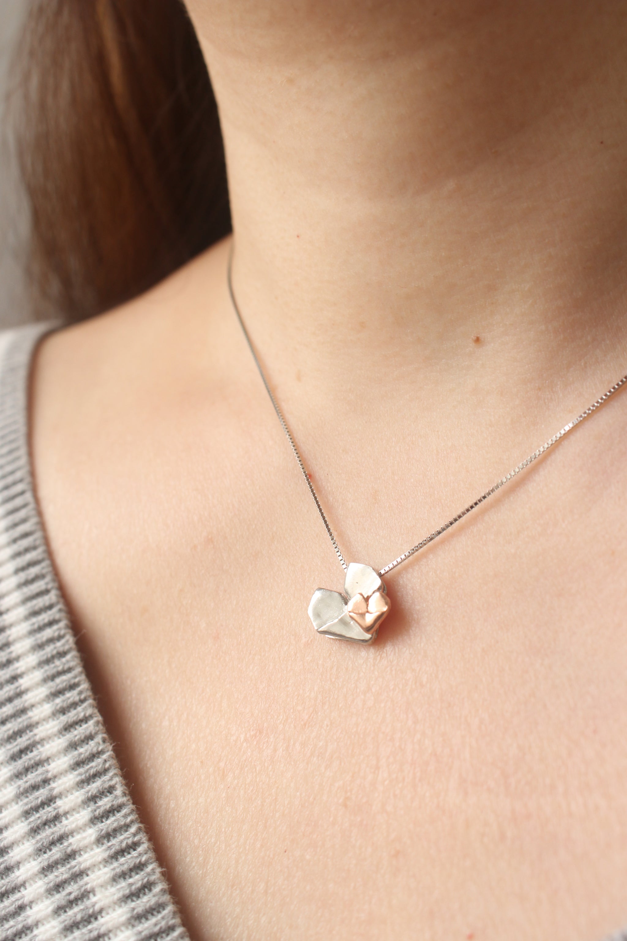 Dual Color Silver Origami Heart Necklace - Mother's Love (Silver and Rose Gold)