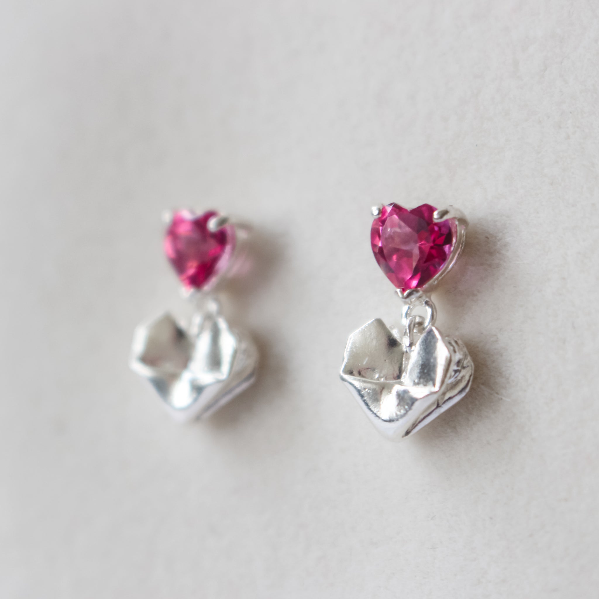Pink Topaz Dangling Origami Heart Earrings