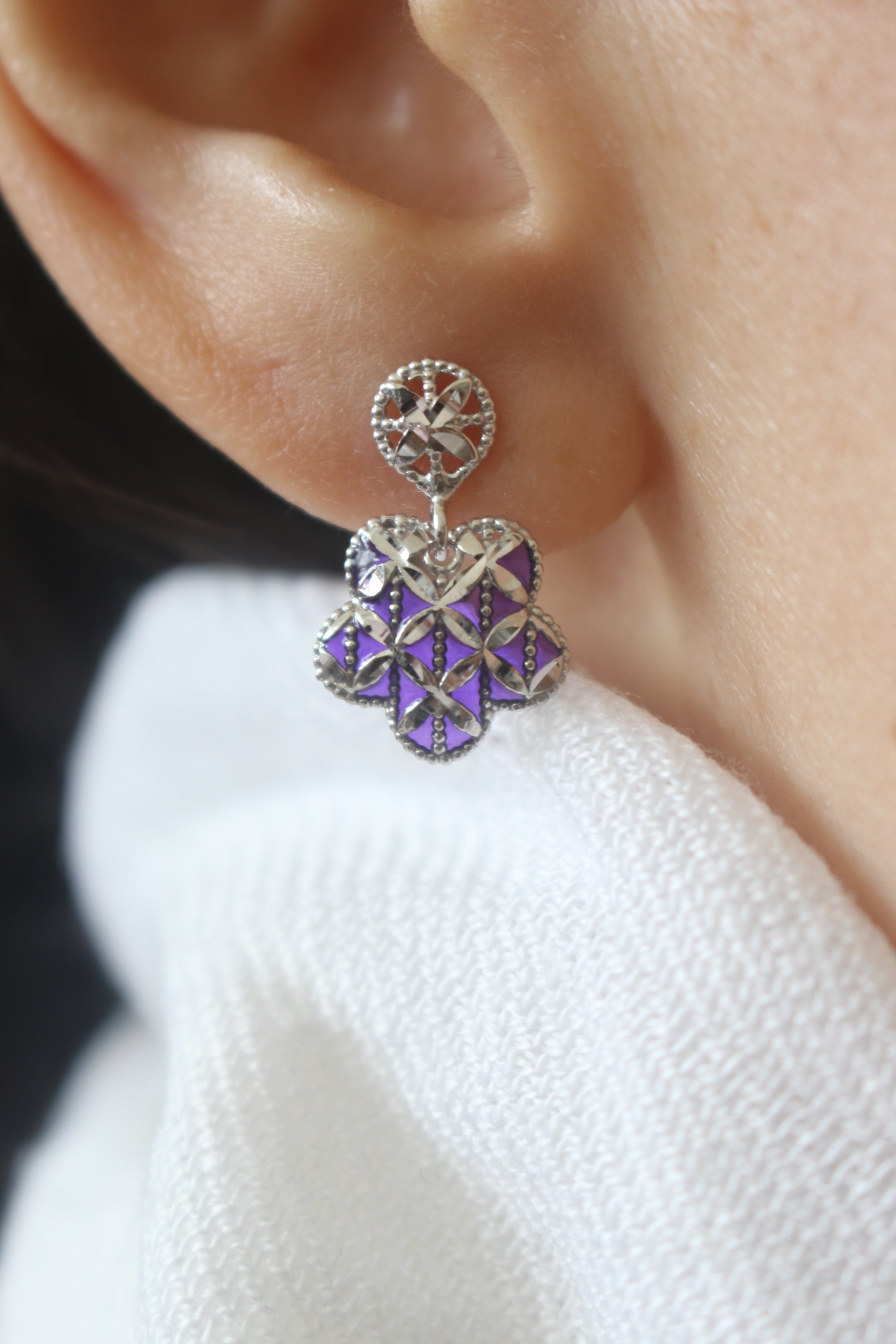 925 Italian Silver Purple Enamel Filigree Flower Earrings