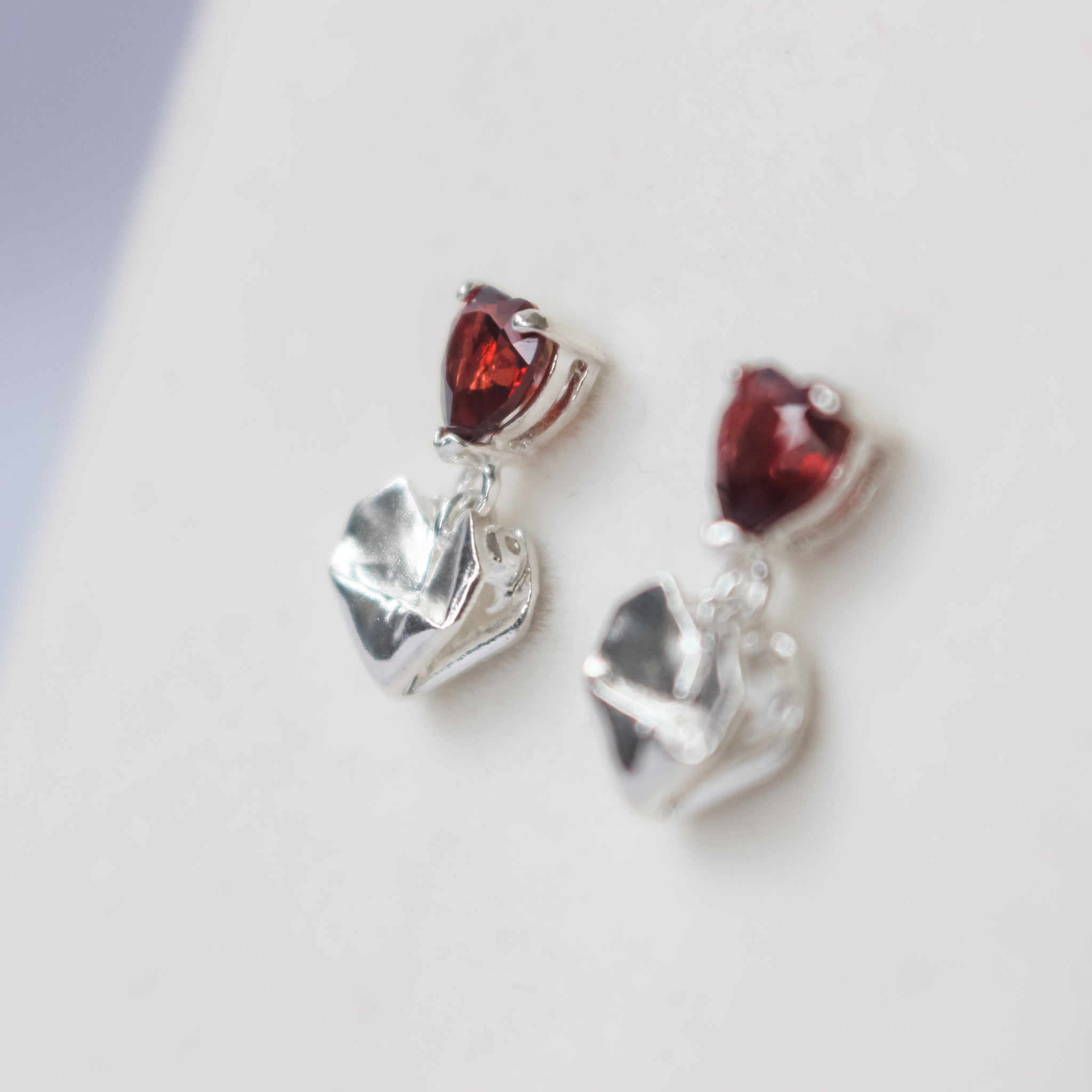 Red Garnet Dangling Origami Heart Earrings