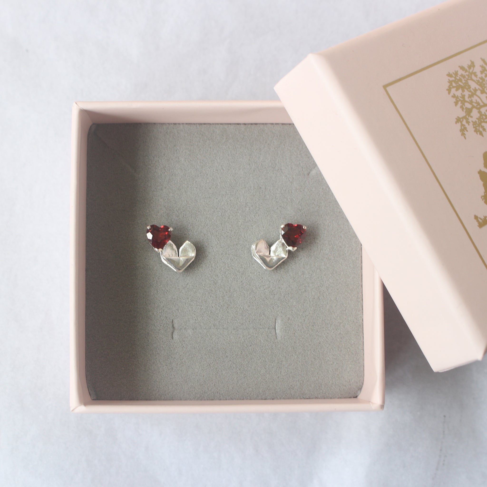 Red Garnet Stud Origami Heart Earrings