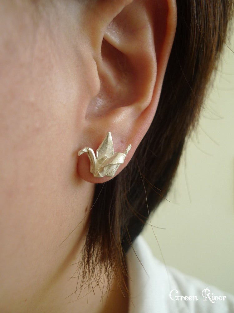 Origami Crane Earrings Sterling Silver Stud - Origami Bird/ Paper Crane/ Paper Bird Earrings