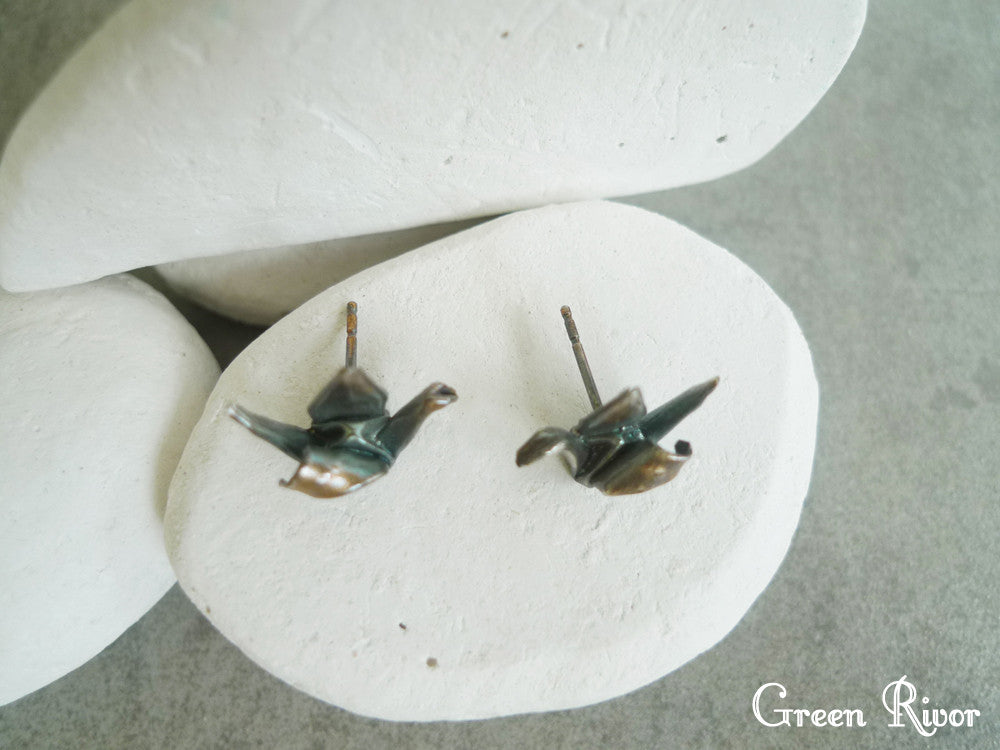 Origami Crane Earrings in Oxidized Silver / Black Silver Origami Crane Stud Earrings / Black Swan Earrings