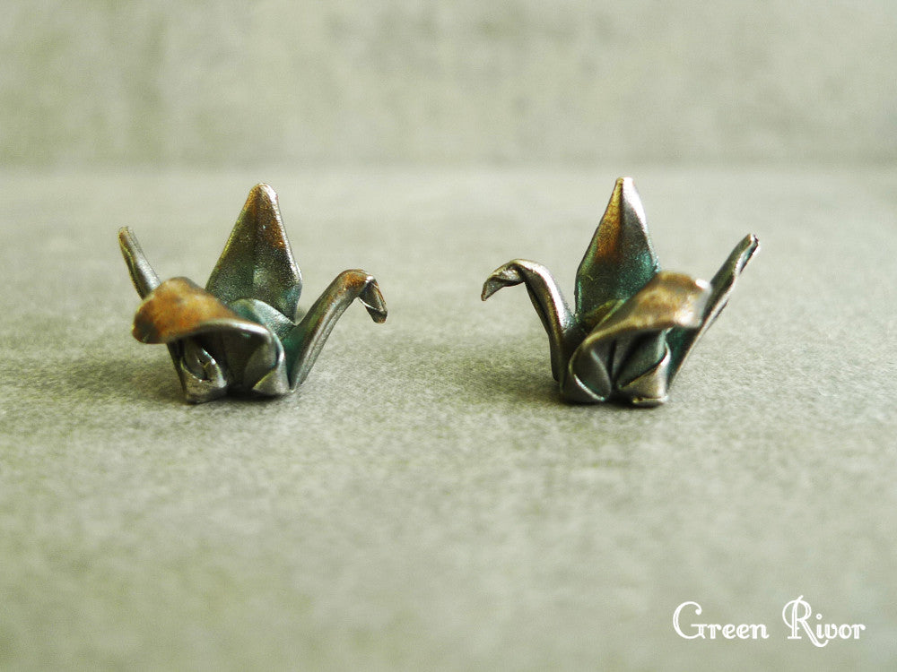 Origami Crane Earrings in Oxidized Silver / Black Silver Origami Crane Stud Earrings / Black Swan Earrings