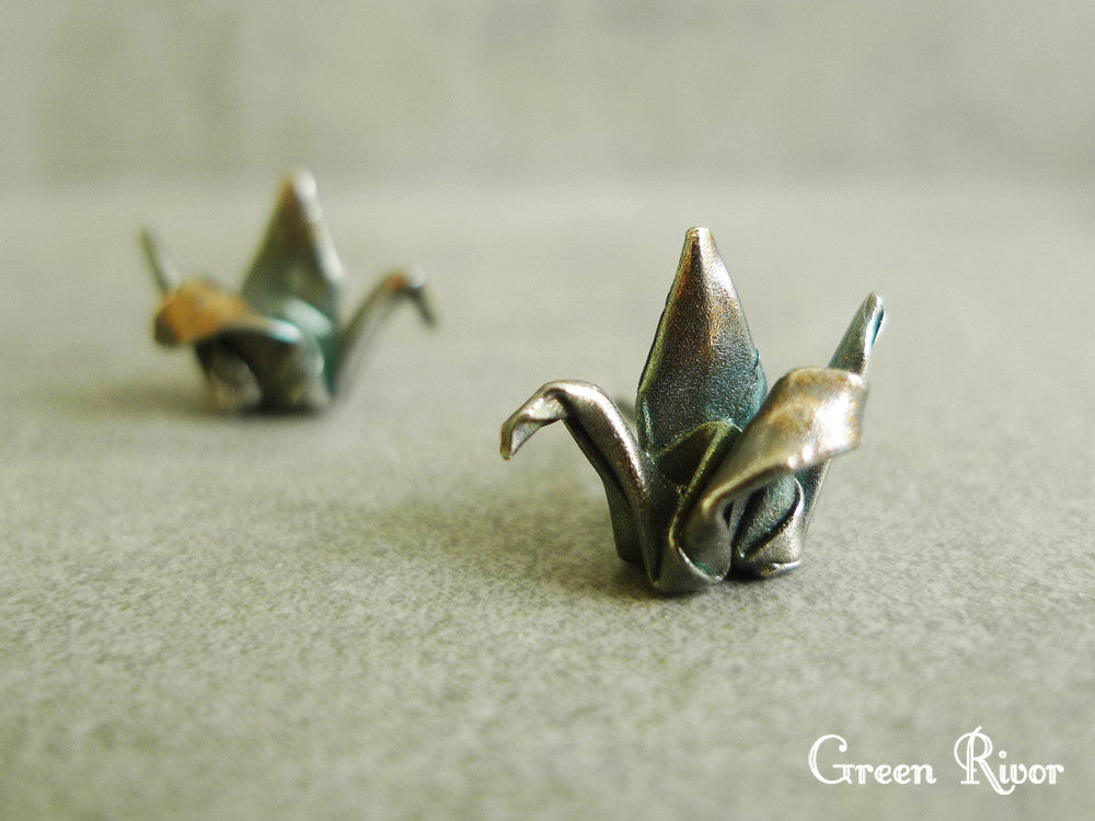 Origami Crane Earrings in Oxidized Silver / Black Silver Origami Crane Stud Earrings / Black Swan Earrings