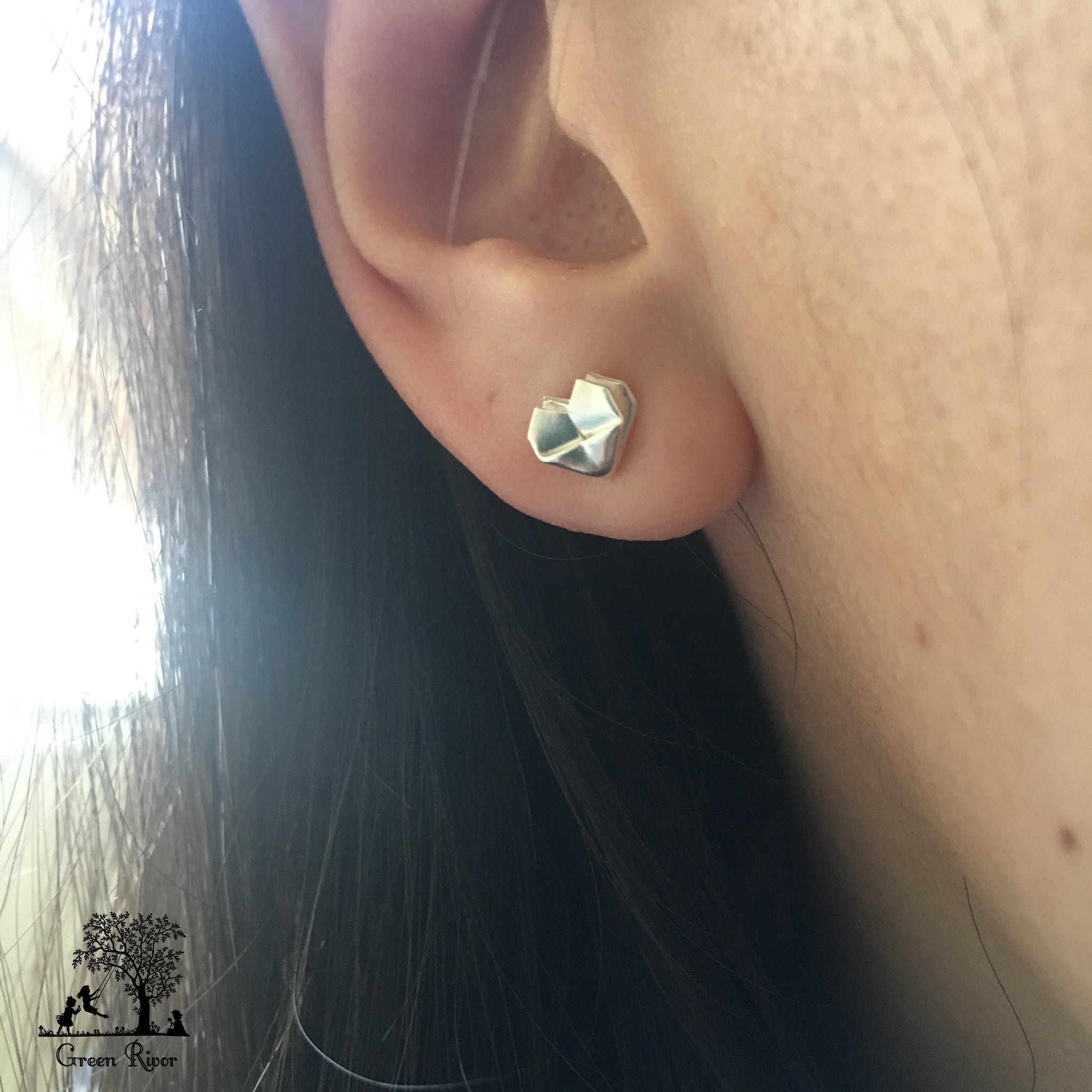 Silver Origami Heart Stud Earrings (Mini) / Sterling Silver Heart Earrings (Mini)