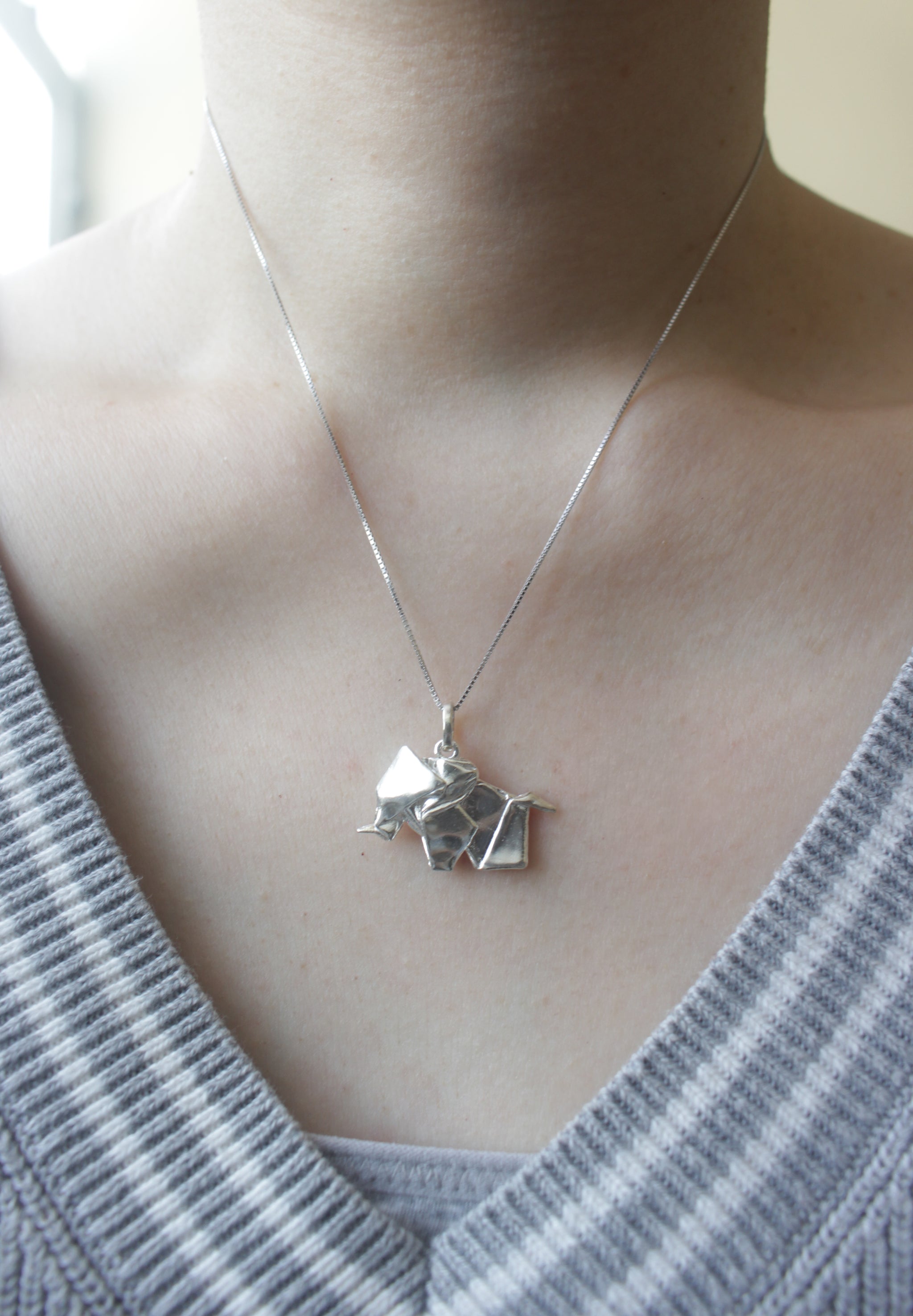 Silver Origami Big Elephant Necklace
