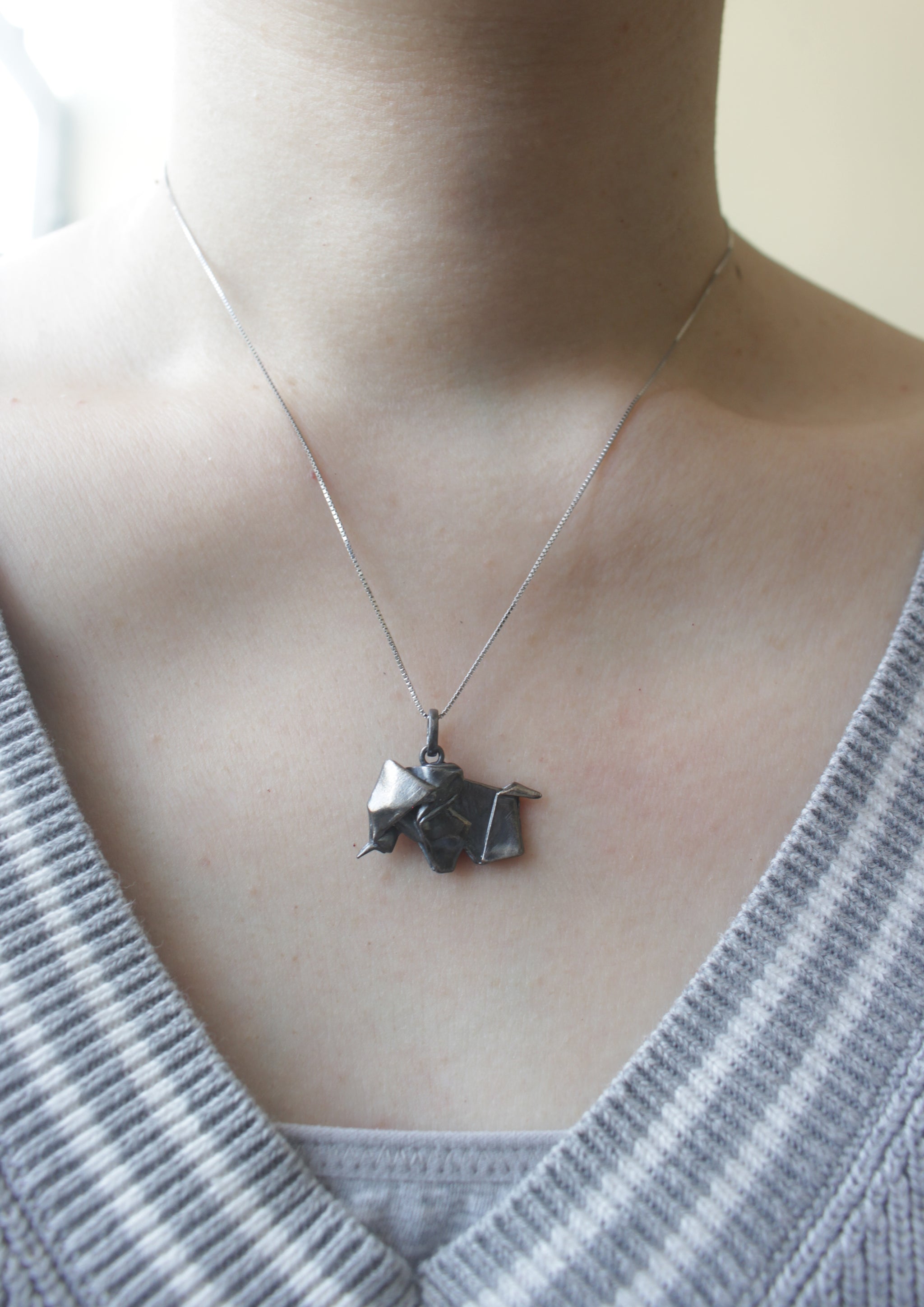 Black Silver Origami Big Elephant Necklace