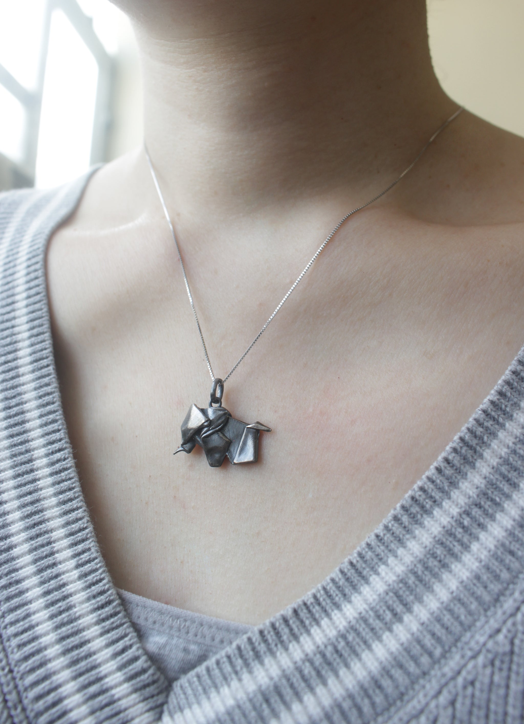Black Silver Origami Big Elephant Necklace