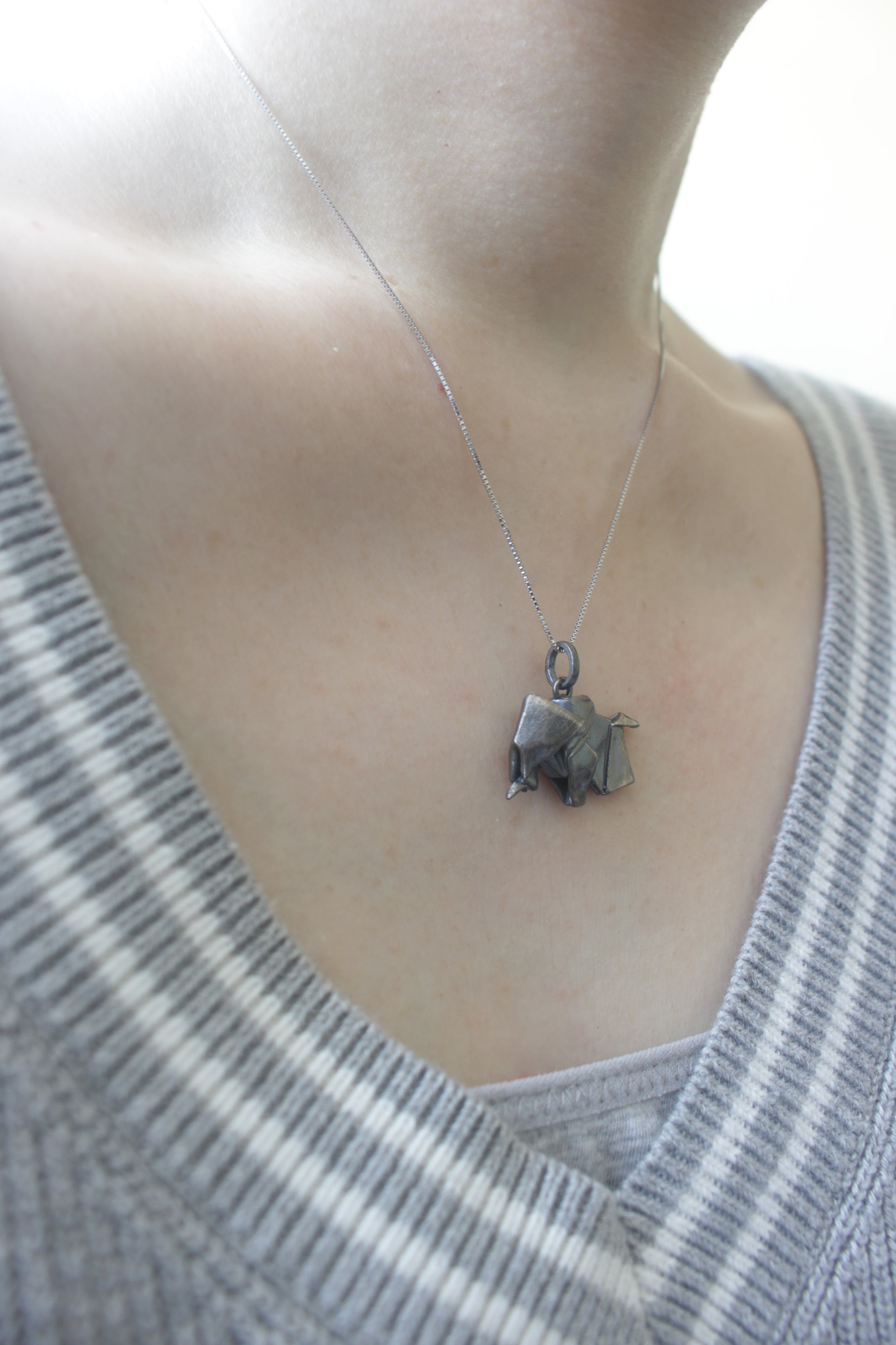 Black Silver Origami Big Elephant Necklace