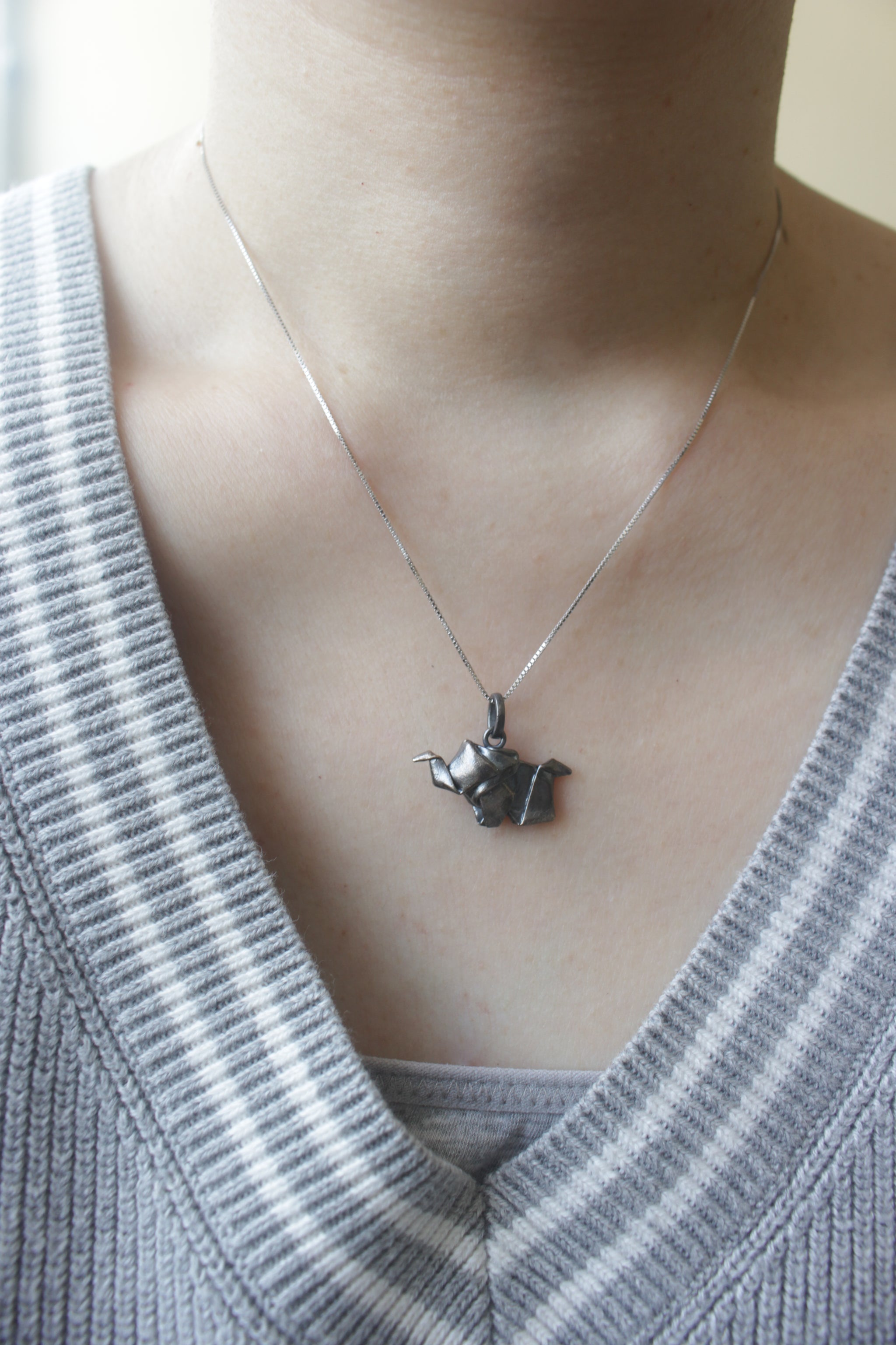 Black Silver Origami Small Elephant Necklace