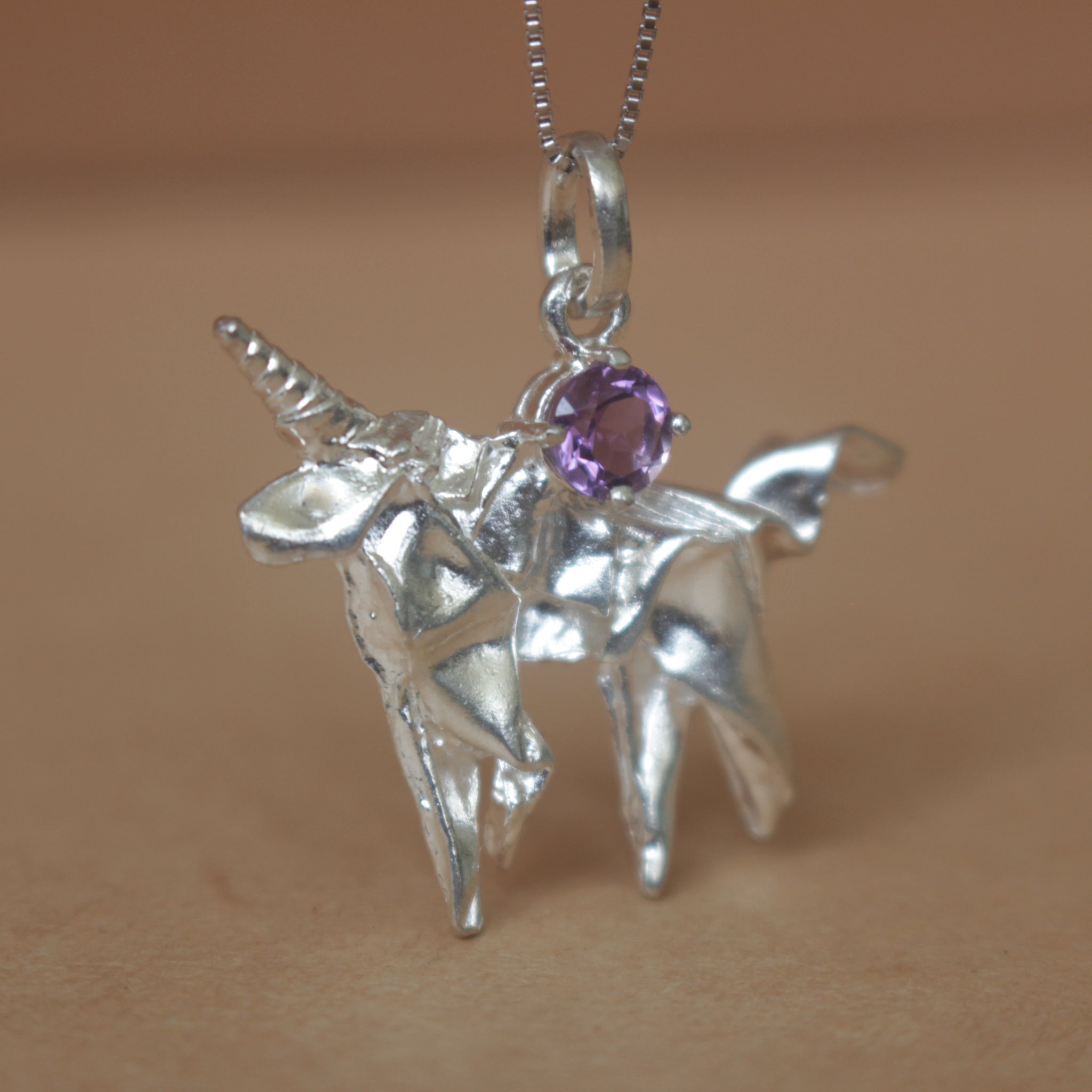 Silver Origami Unicorn Merry-go-round Necklace with Amethyst