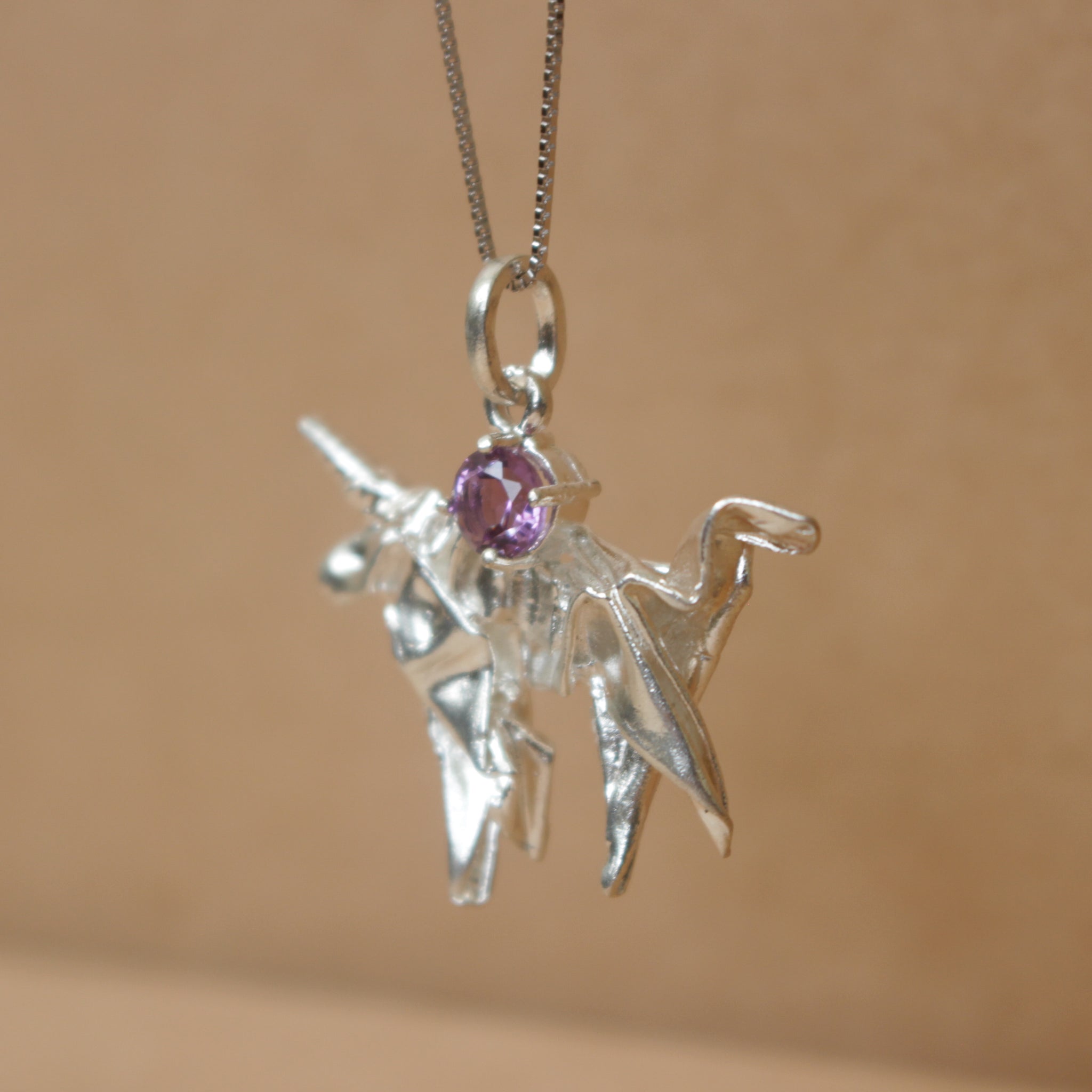 Silver Origami Unicorn Merry-go-round Necklace with Amethyst