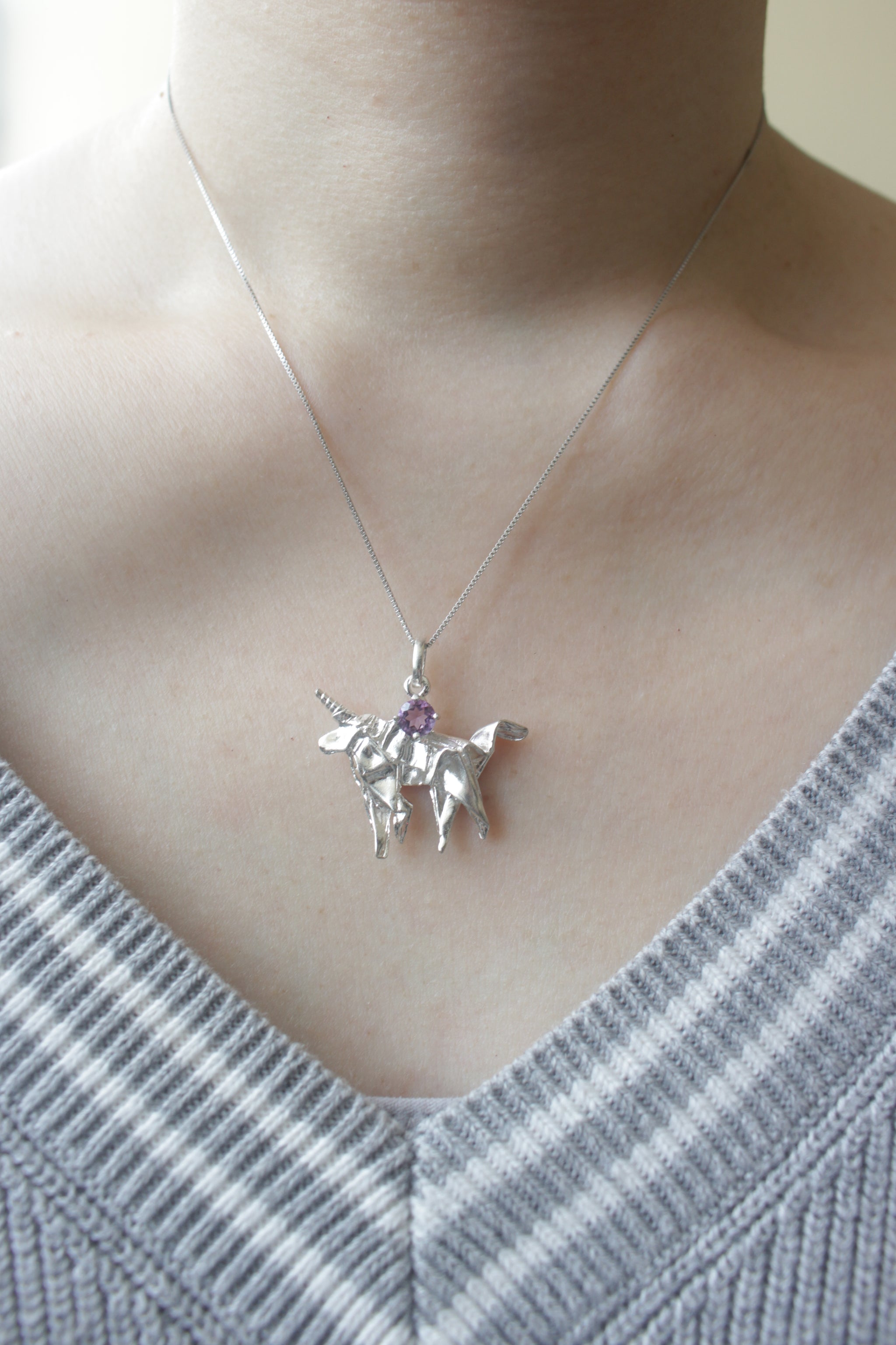 Silver Origami Unicorn Merry-go-round Necklace with Amethyst