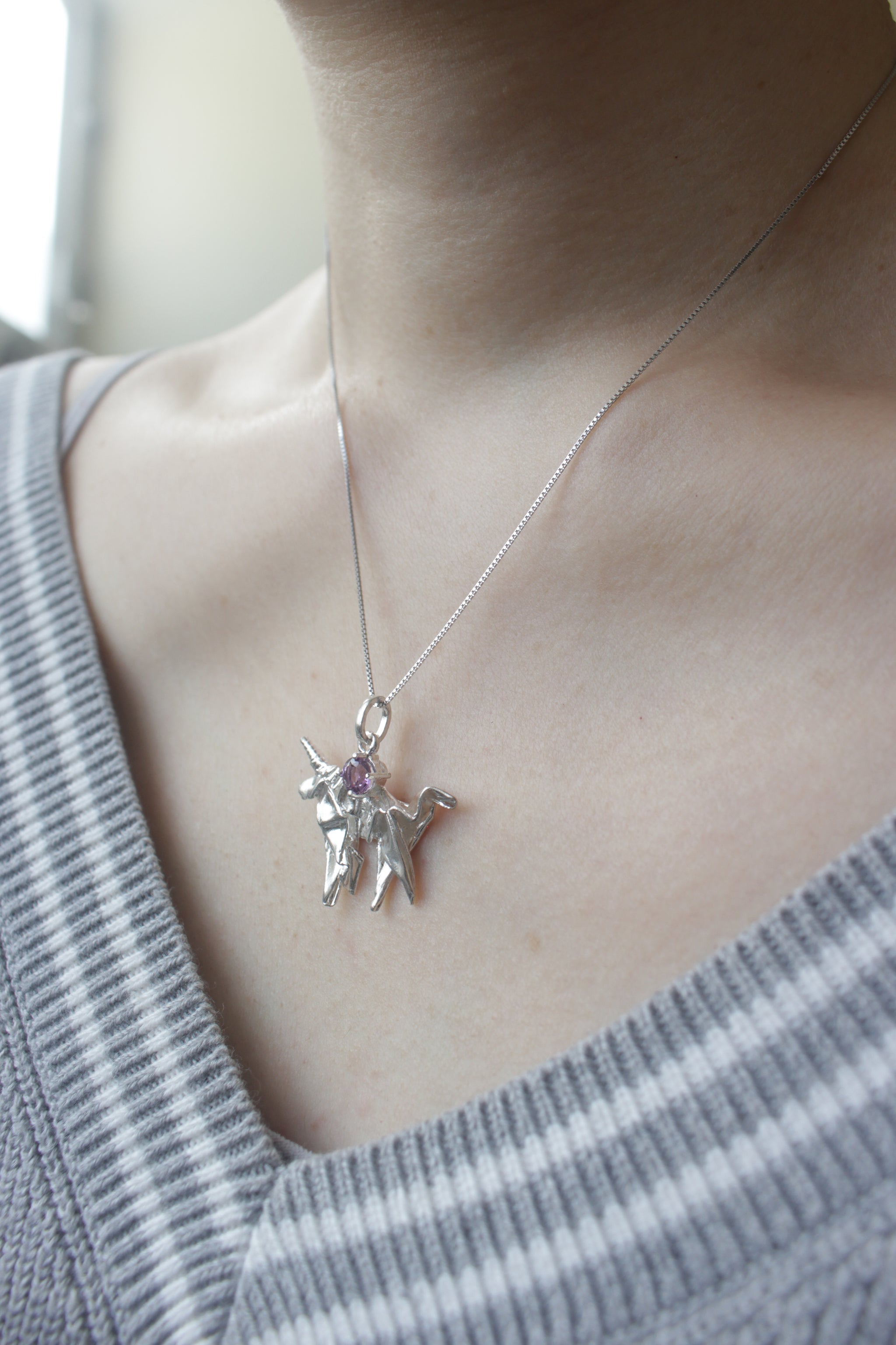 Silver Origami Unicorn Merry-go-round Necklace with Amethyst