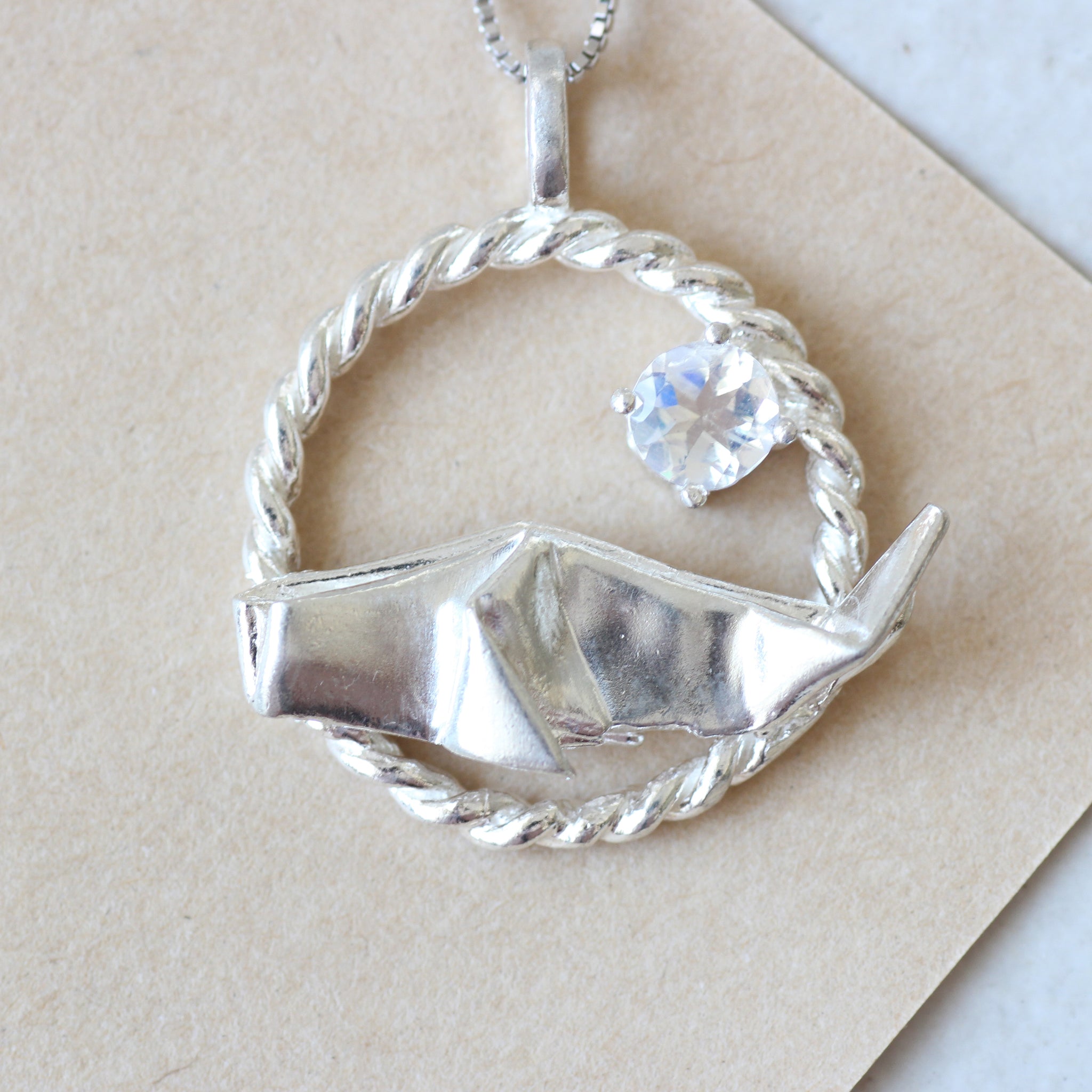 925 Silver Origami Whale with Moonstone Necklace
