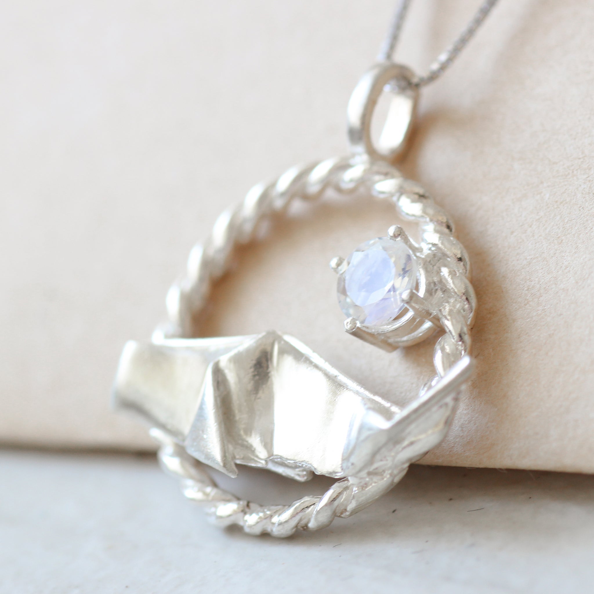 925 Silver Origami Whale with Moonstone Necklace