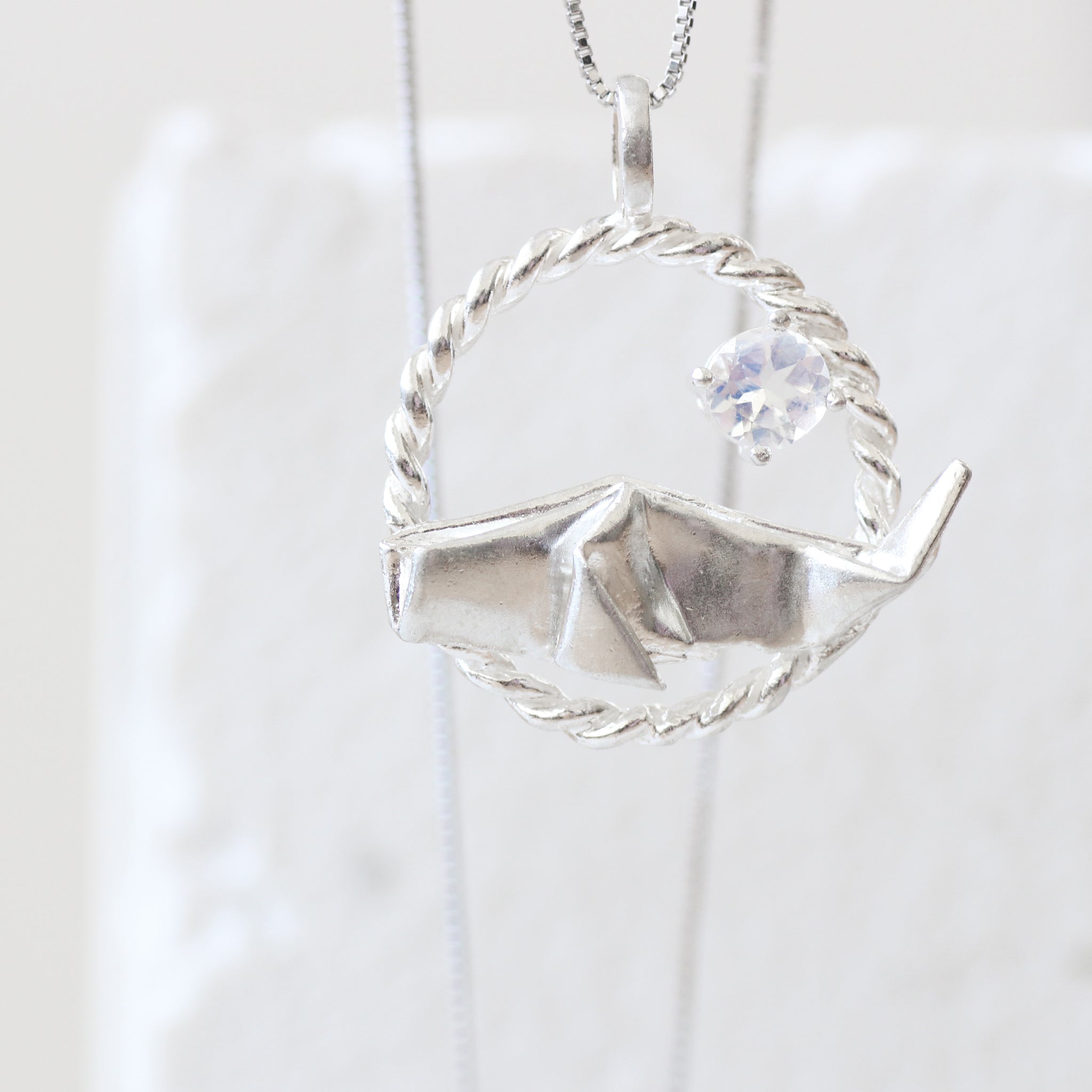 925 Silver Origami Whale with Moonstone Necklace