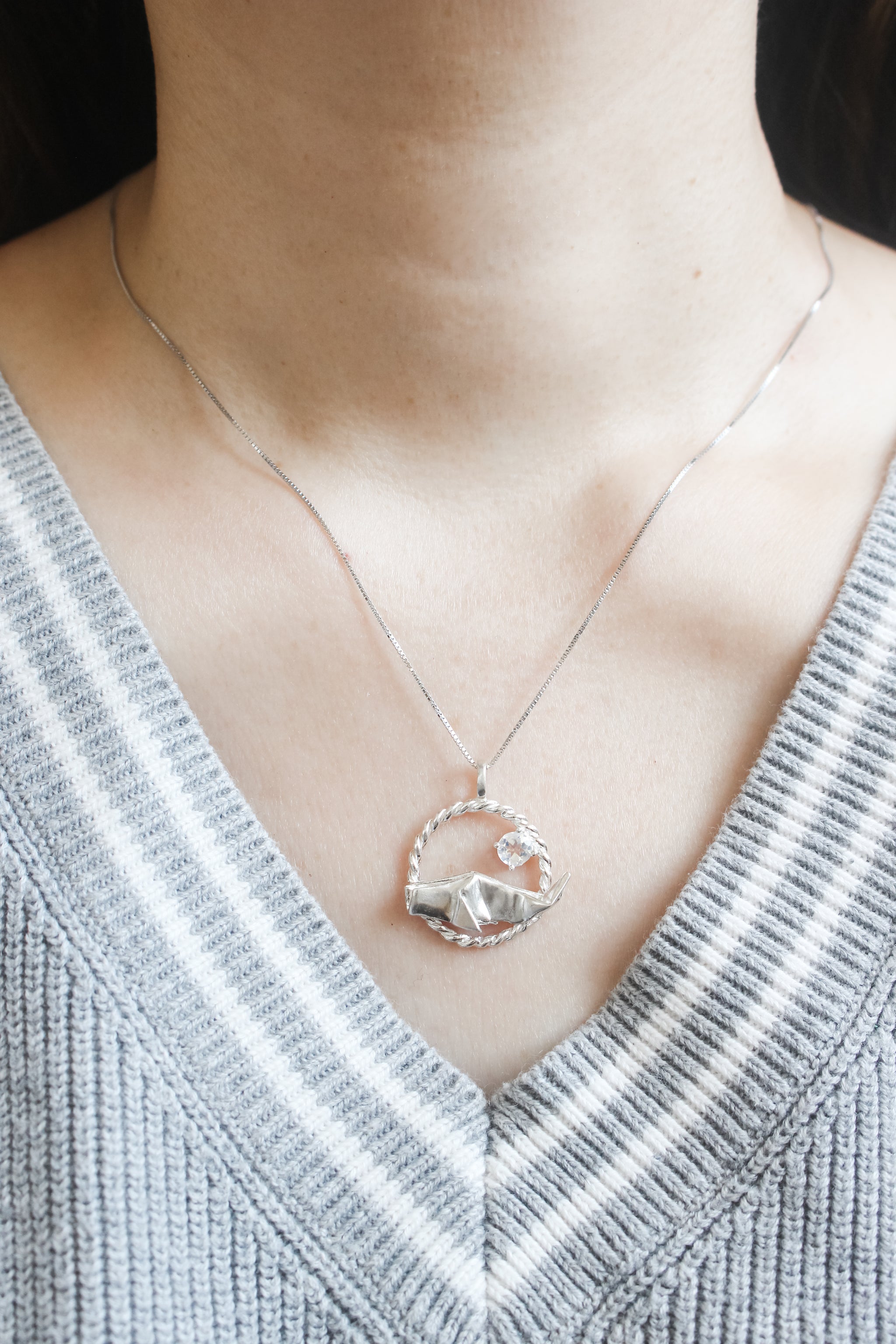 925 Silver Origami Whale with Moonstone Necklace