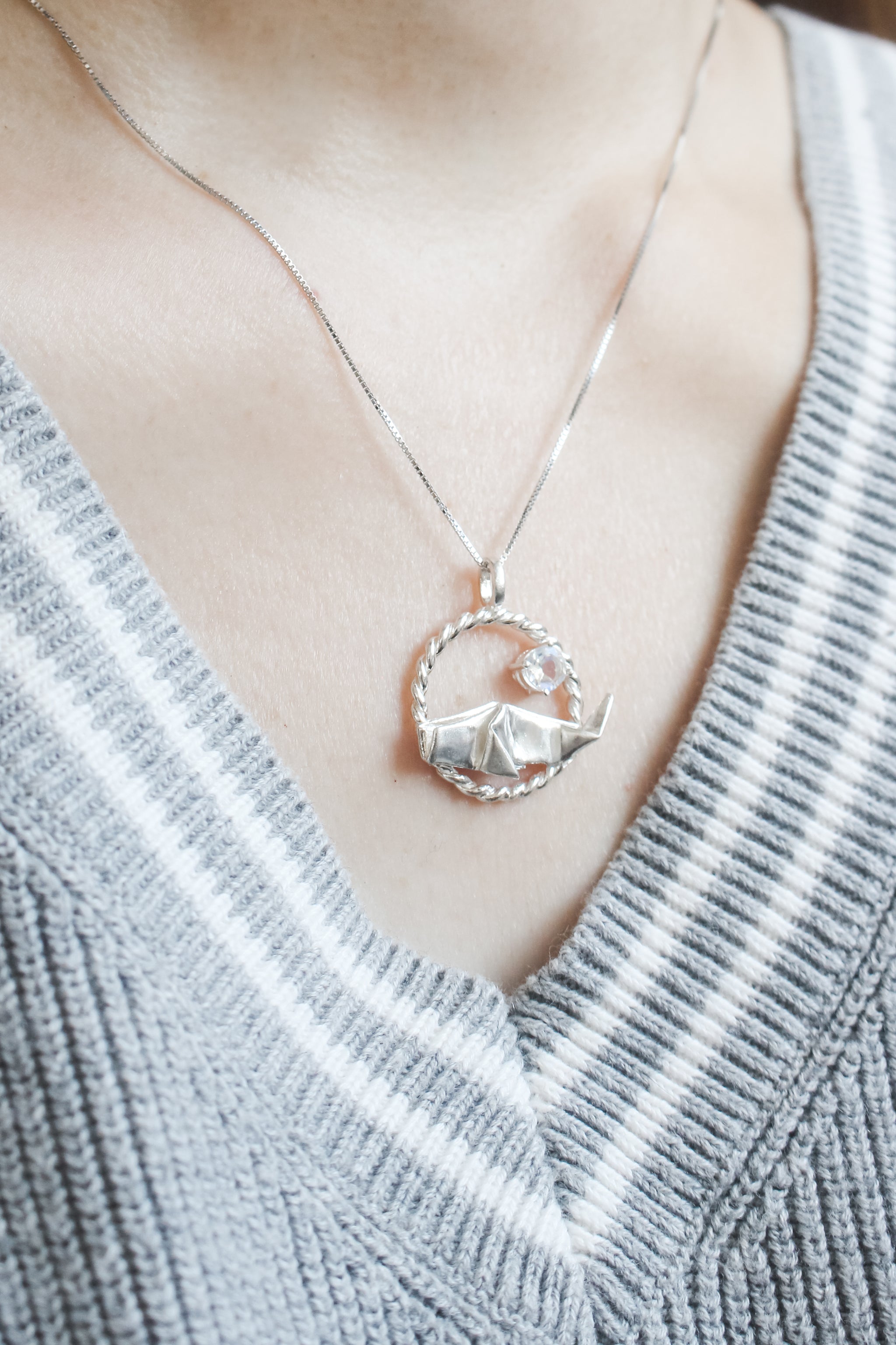 925 Silver Origami Whale with Moonstone Necklace
