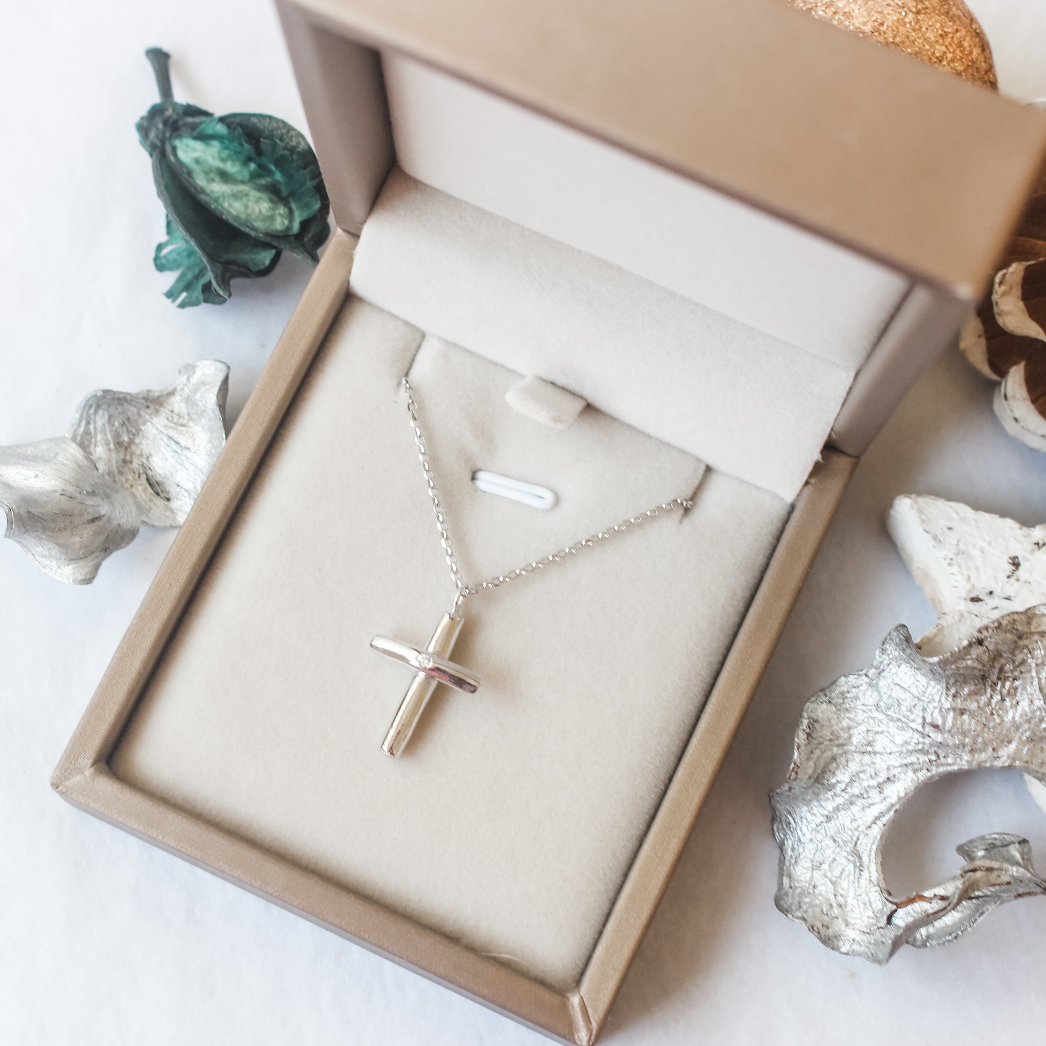 Sterling Silver Diamond Cross Necklace (Small) Plain or Engraved