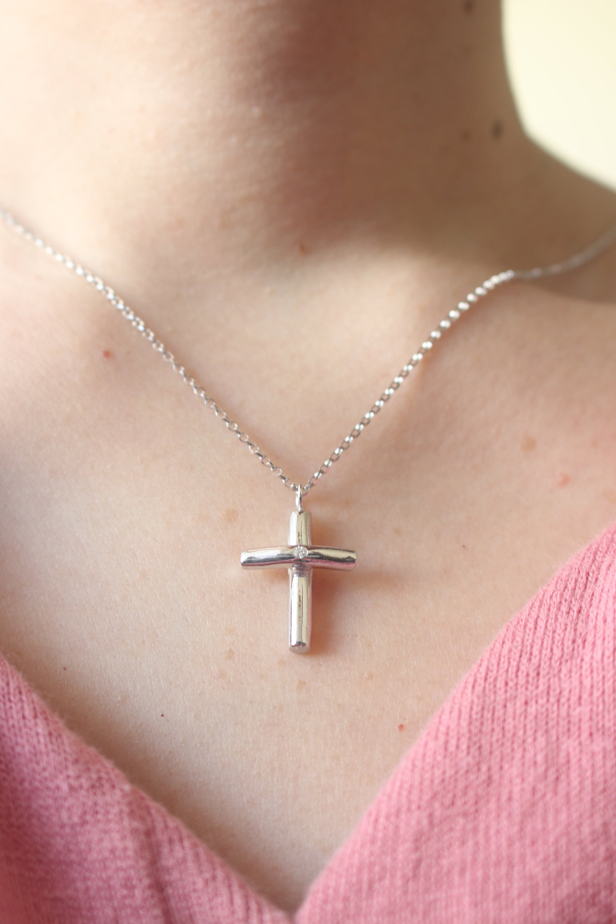 Sterling Silver Diamond Cross Necklace (Small) Plain or Engraved