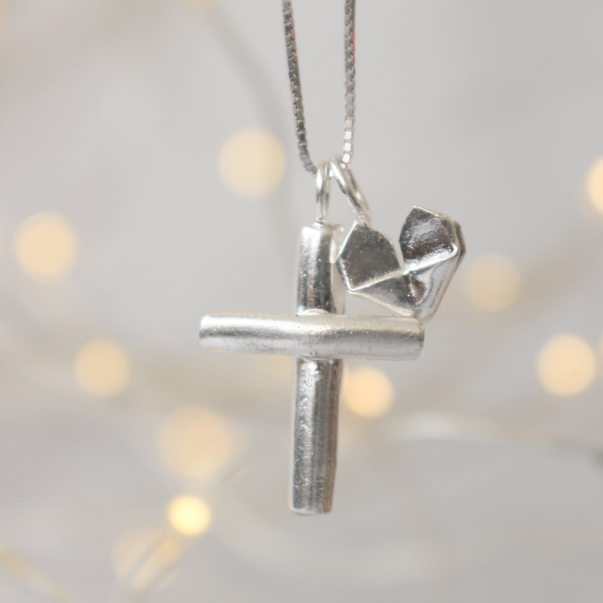 Cross with Heart - Sterling SilverCross Necklace (Small) Plain or Engraved with Silver Origami Heart
