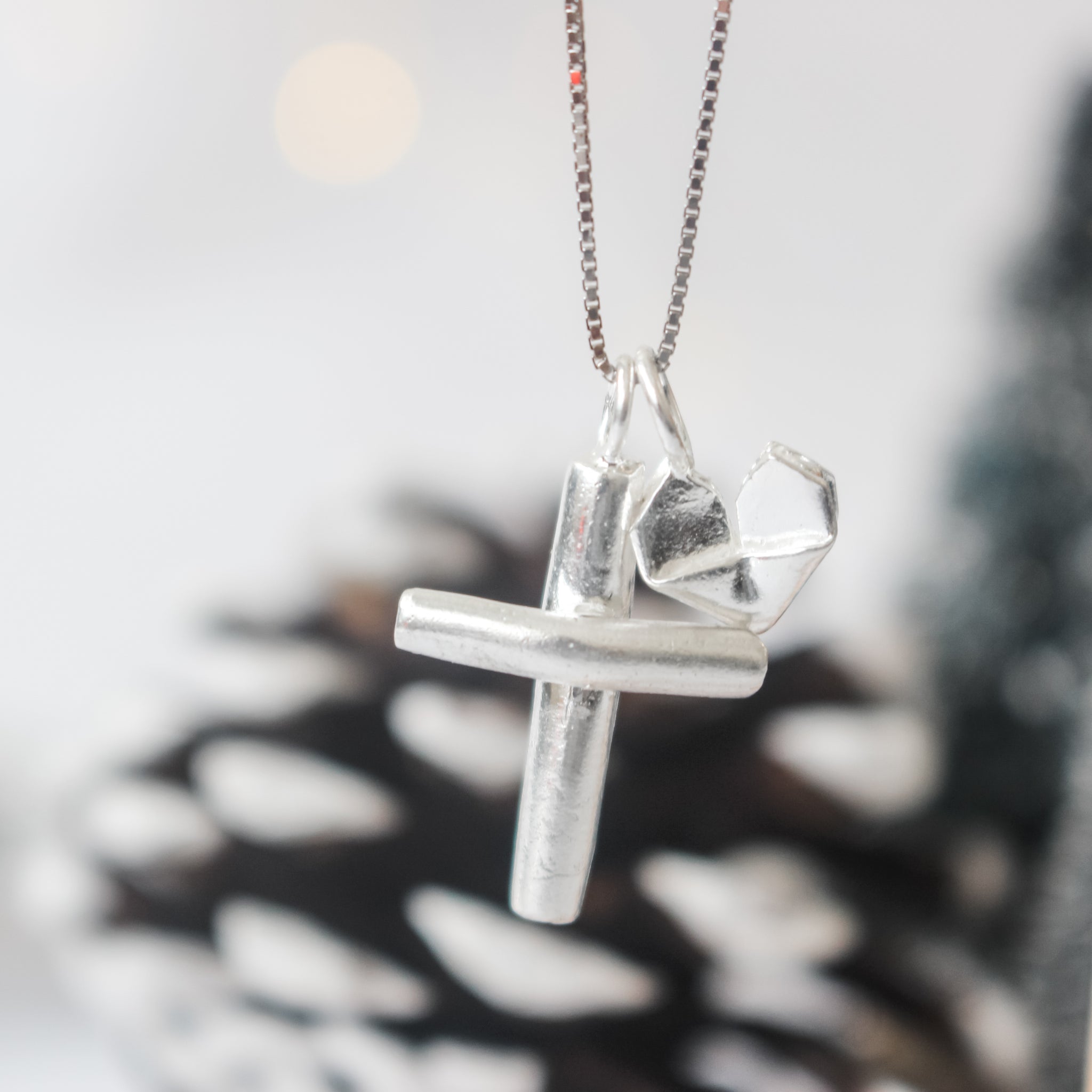 Cross with Heart - Sterling SilverCross Necklace (Small) Plain or Engraved with Silver Origami Heart