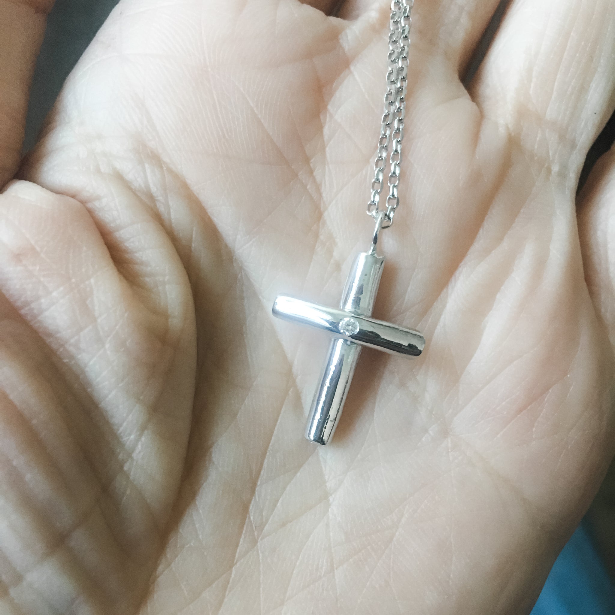 Sterling Silver Diamond Cross Necklace (Small) Plain or Engraved