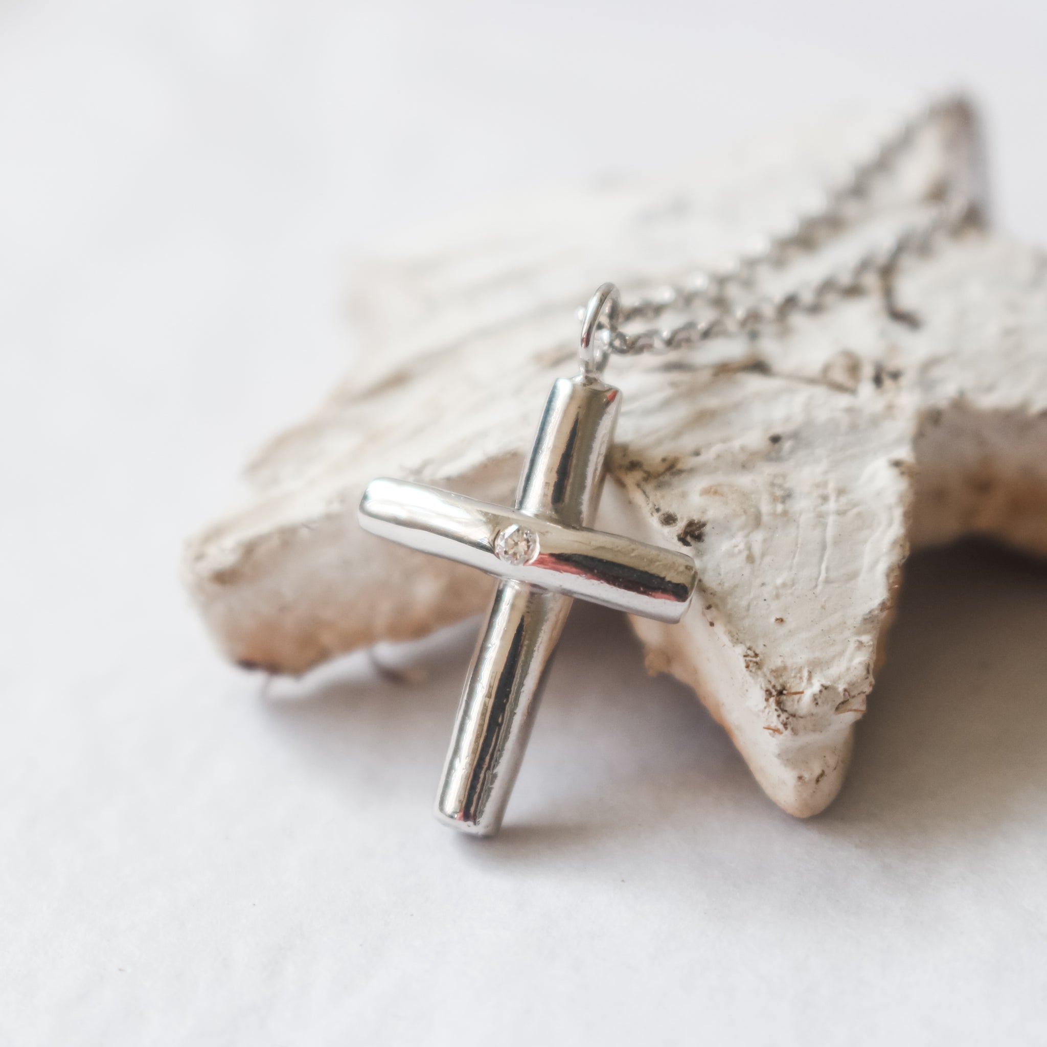Sterling Silver Diamond Cross Necklace (Small) Plain or Engraved