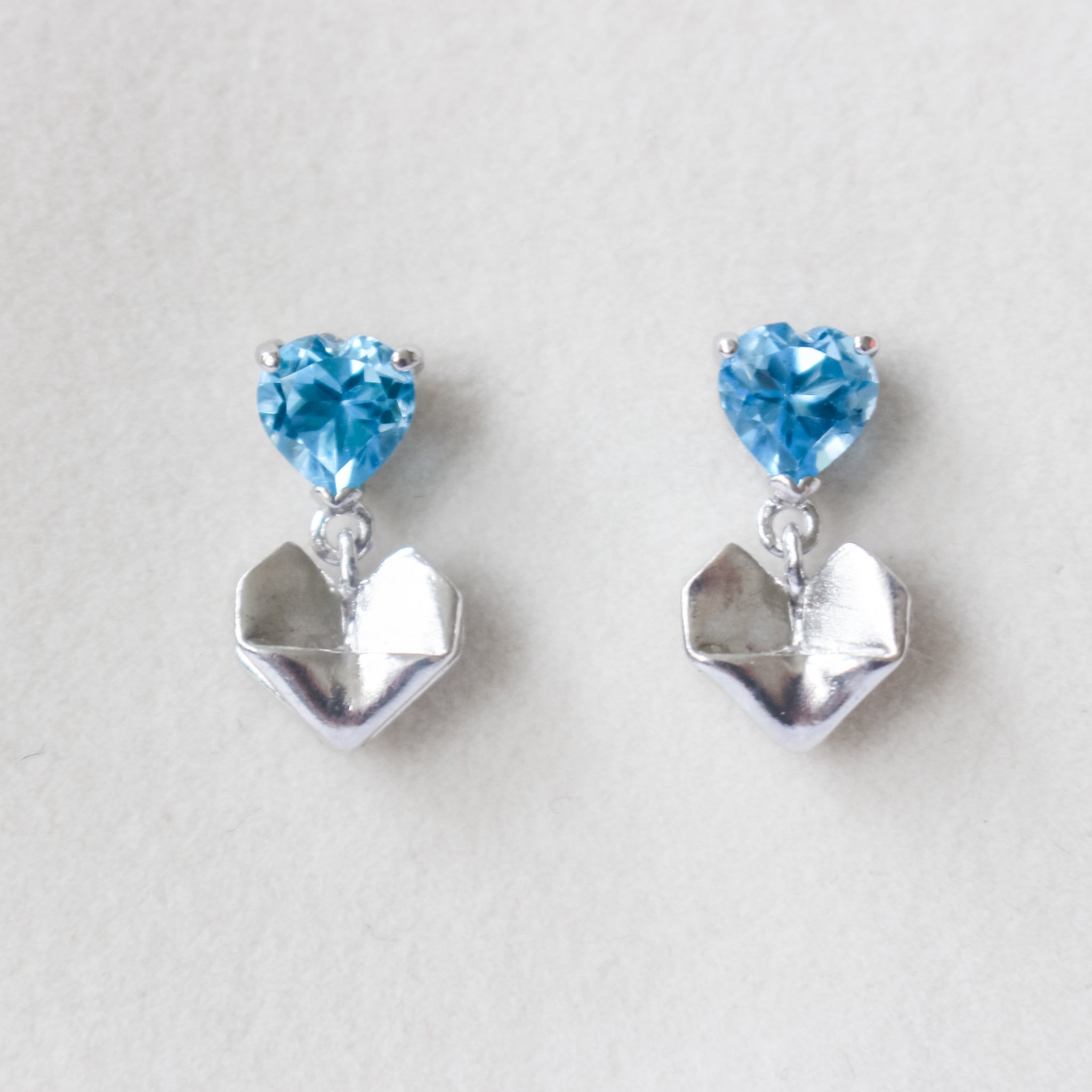 Swiss Blue Topaz Dangling Origami Heart Earrings
