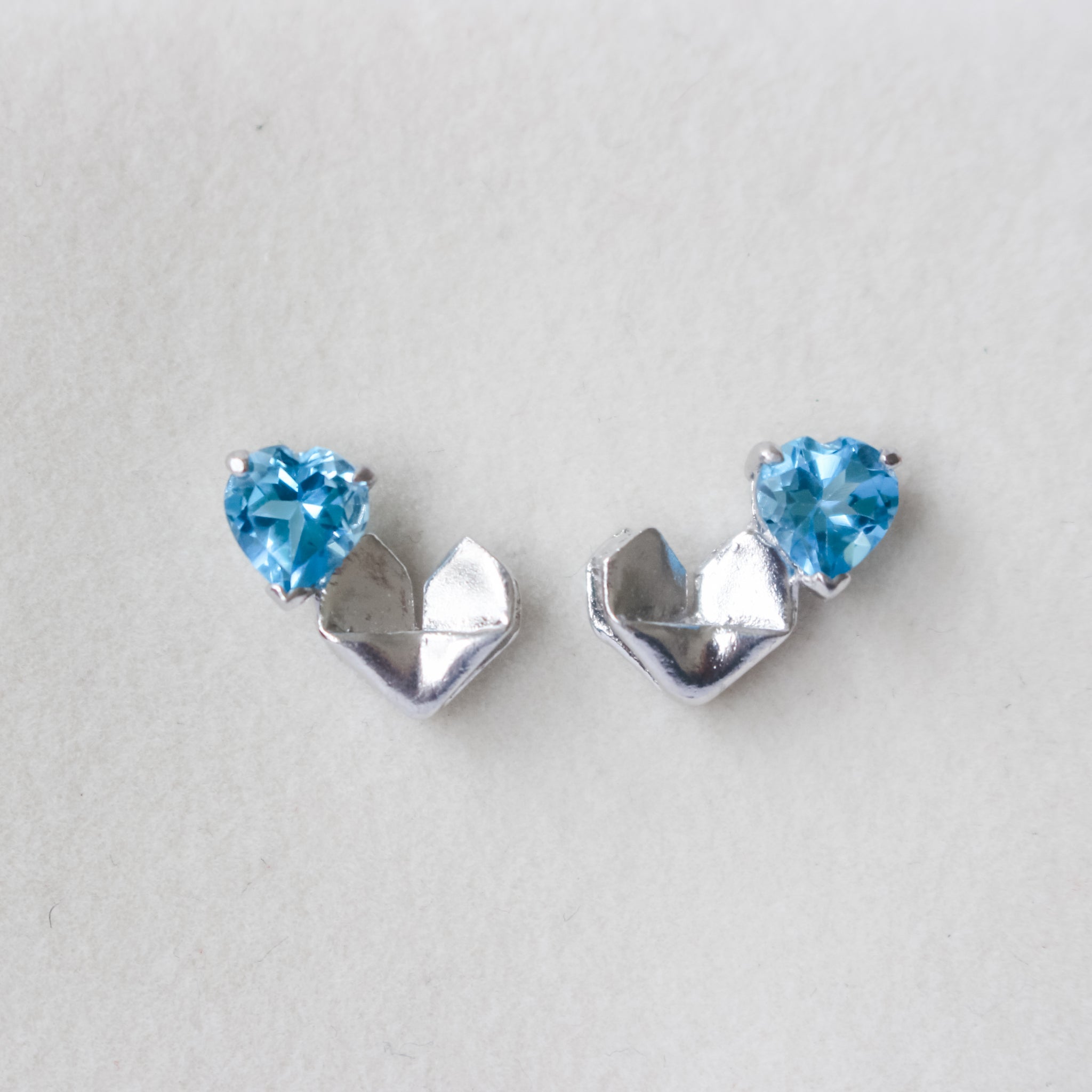 Swiss Blue Topaz Stud Origami Heart Earrings